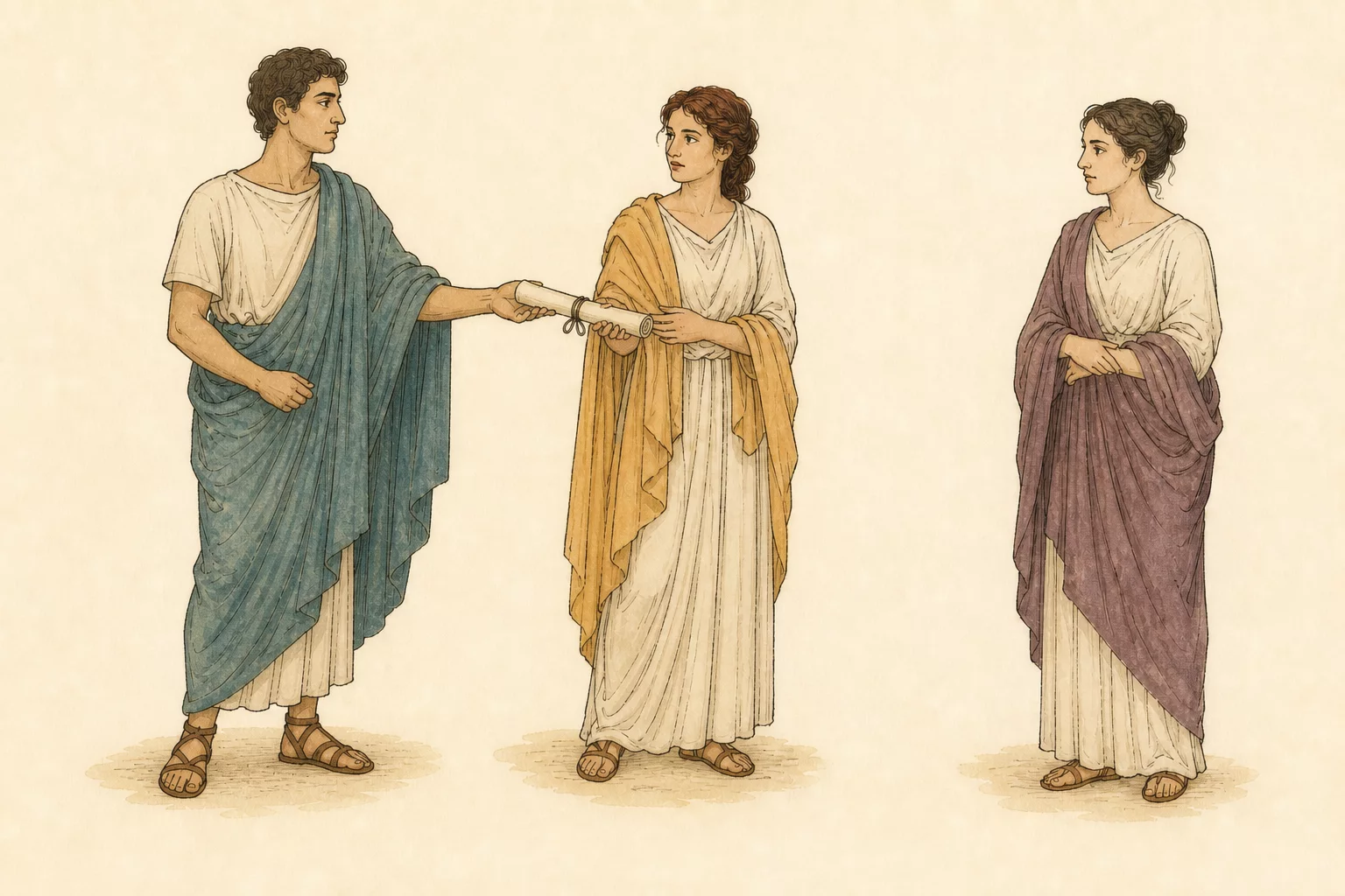 Orsinus gives Viola a letter while looking toward Olivia; Viola looks at Orsinus and Olivia looks at Viola.