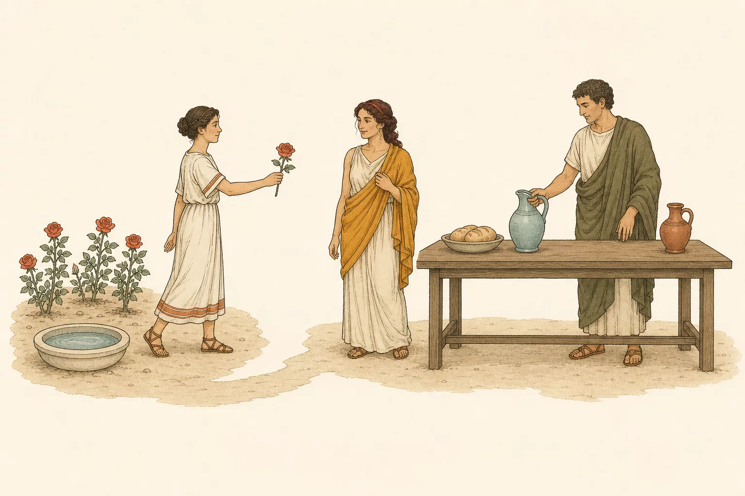 Maria carries a rose from the garden to Viola while Malvolius stands beside a table with food, water and wine.