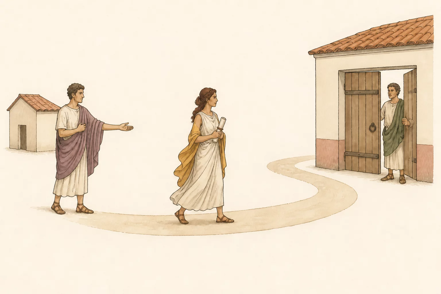 Viola carries a rolled letter along the road from Orsinus toward the gate where Malvolius waits.