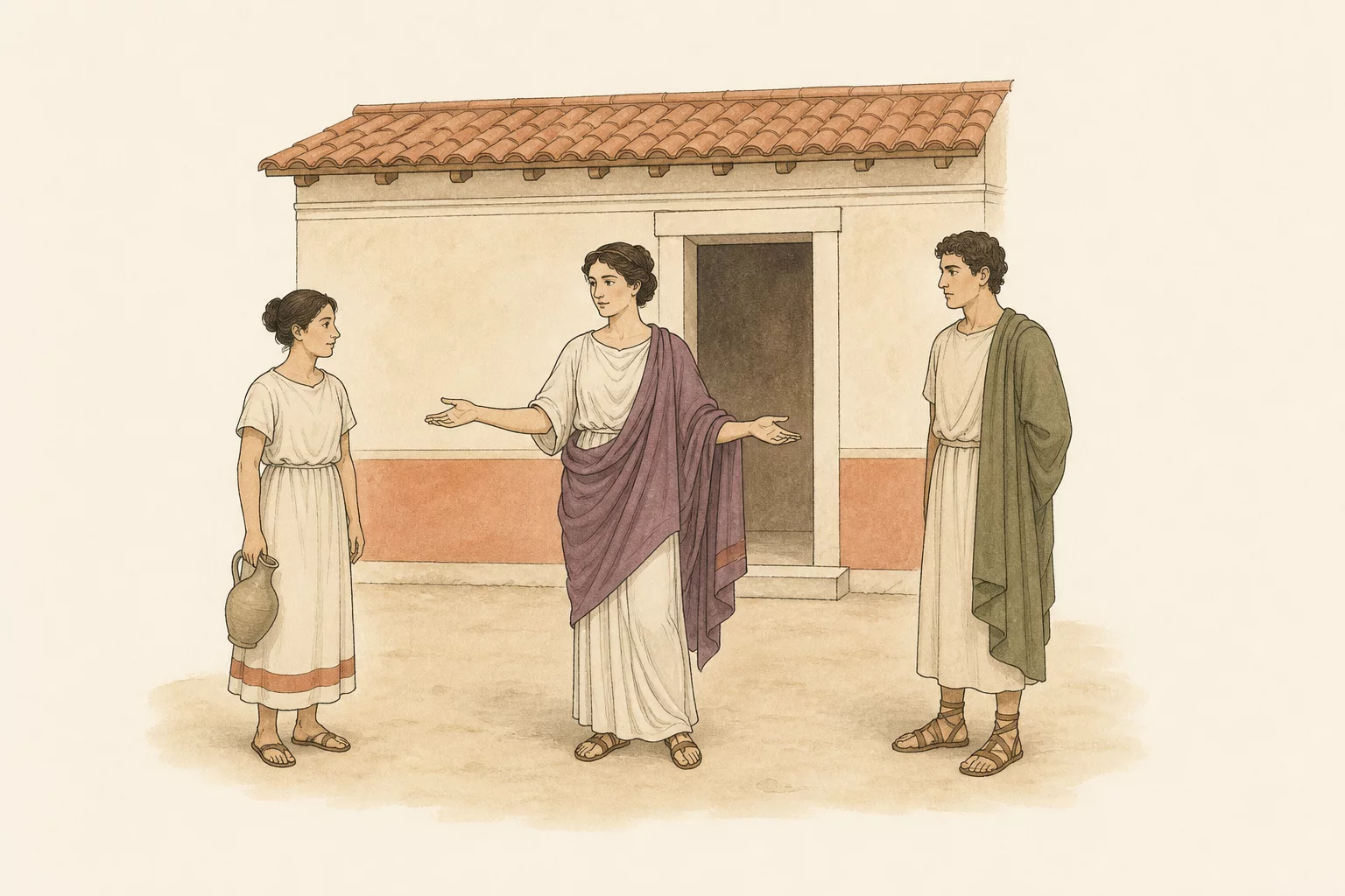 Olivia stands before her villa between Maria, who carries a water vessel, and Malvolius.