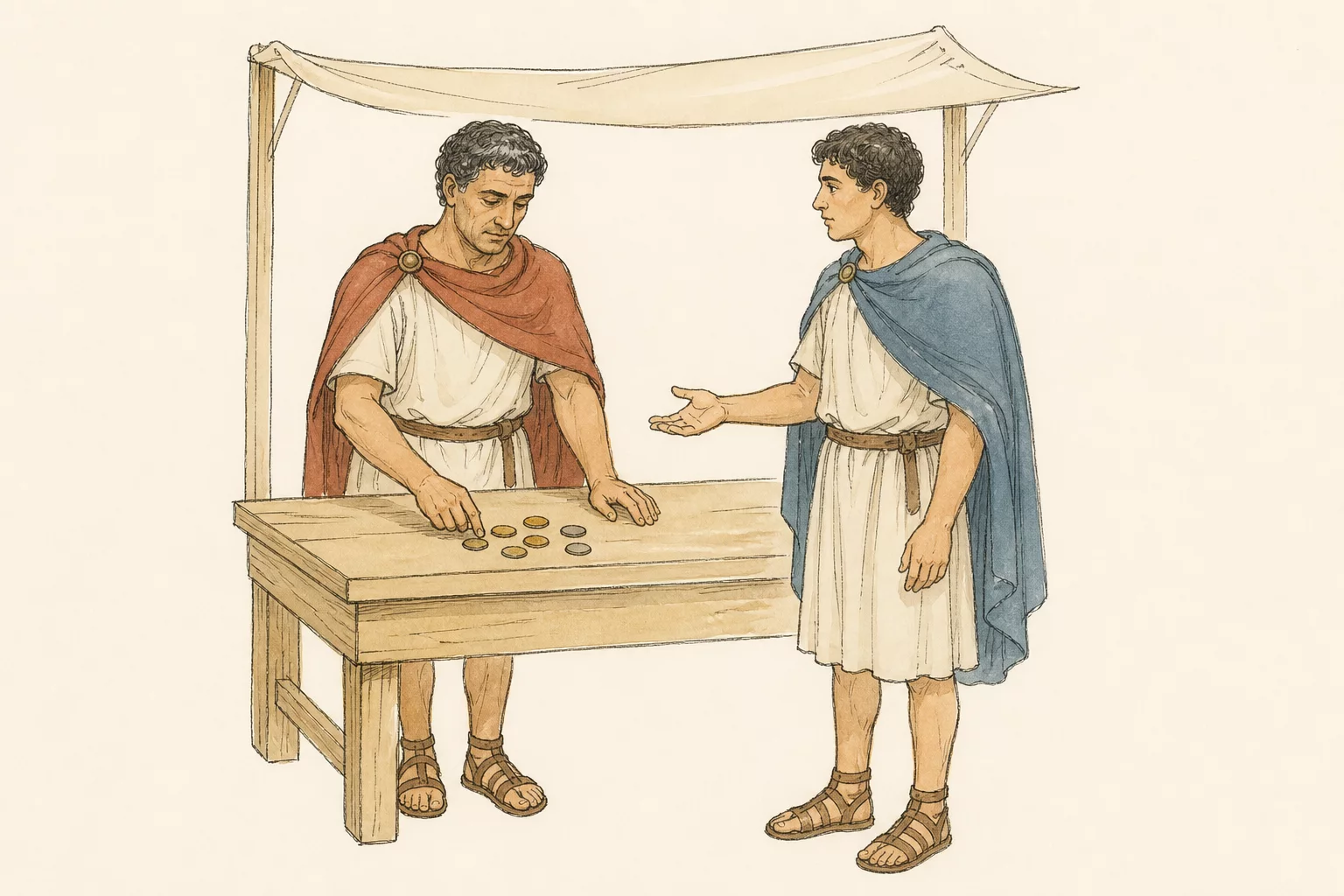Antonius counts coins at a sparse Roman market stall while Bassanius asks him for help.