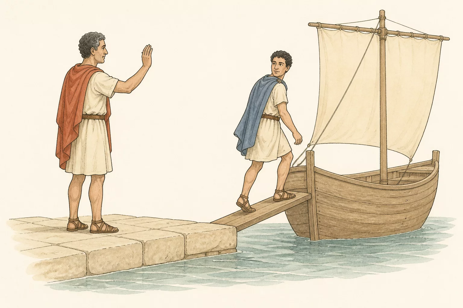 Bassanius boards a simple Roman merchant ship while Antonius remains on the stone quay and raises a hand in farewell.