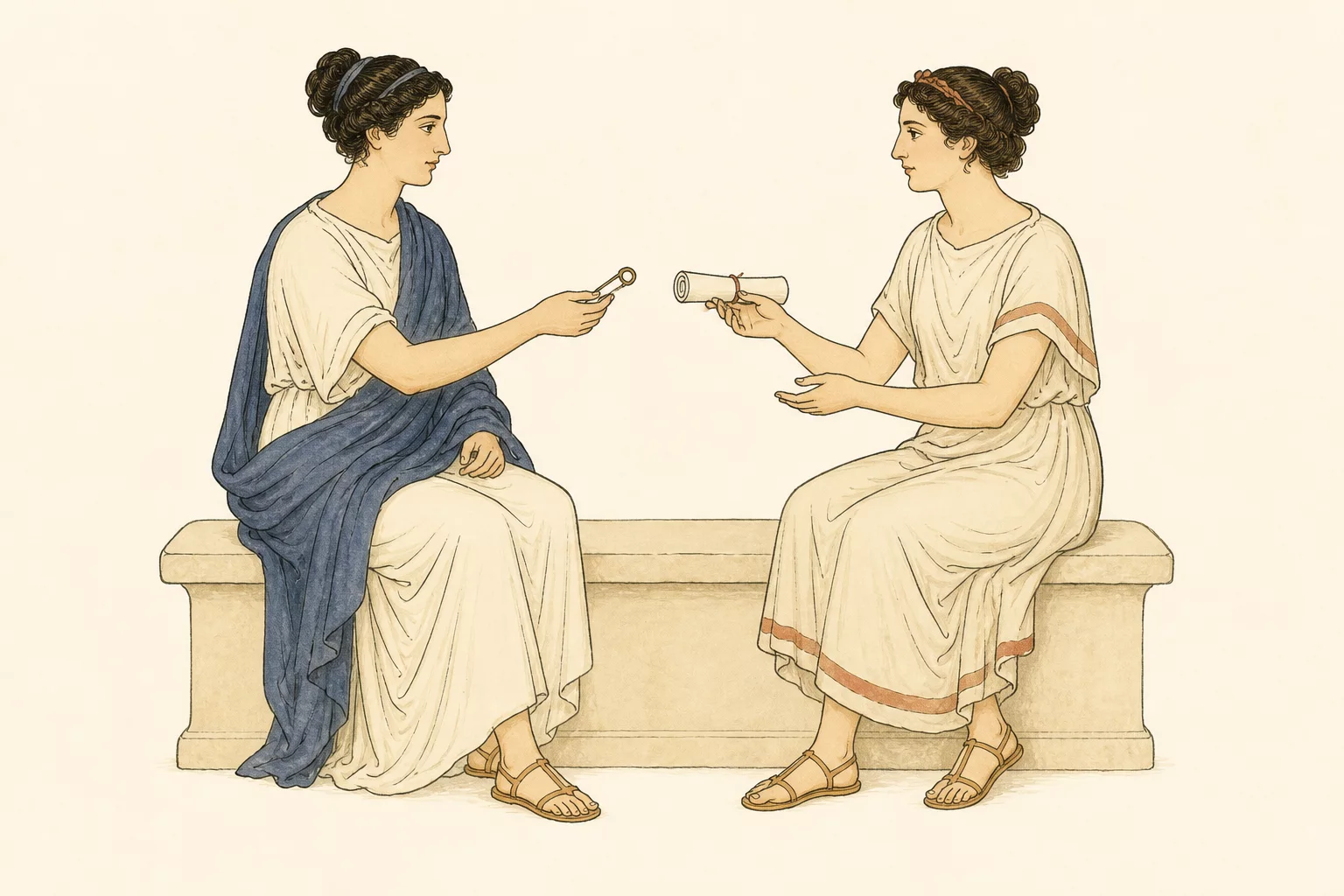 Portia gives Nerissa a small bronze gift while Nerissa shows Portia a rolled letter from Bassanius.