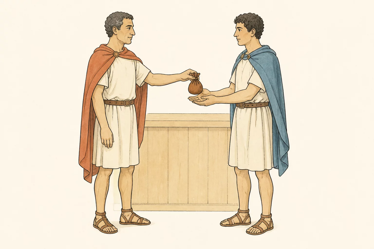Antonius places a small purse of coins into Bassanius’s open hands beside a market counter.
