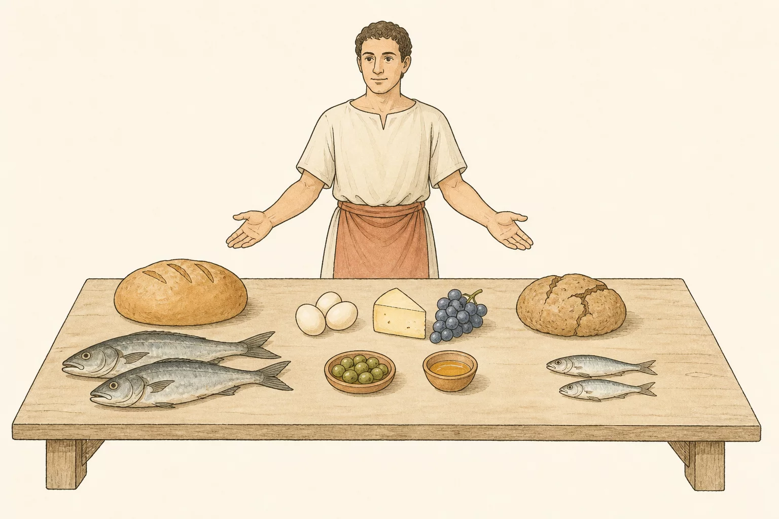 A Roman cook stands behind a sparse feast table with fresh and old bread, fish, eggs, cheese, grapes, olives and honey arranged in clear groups.