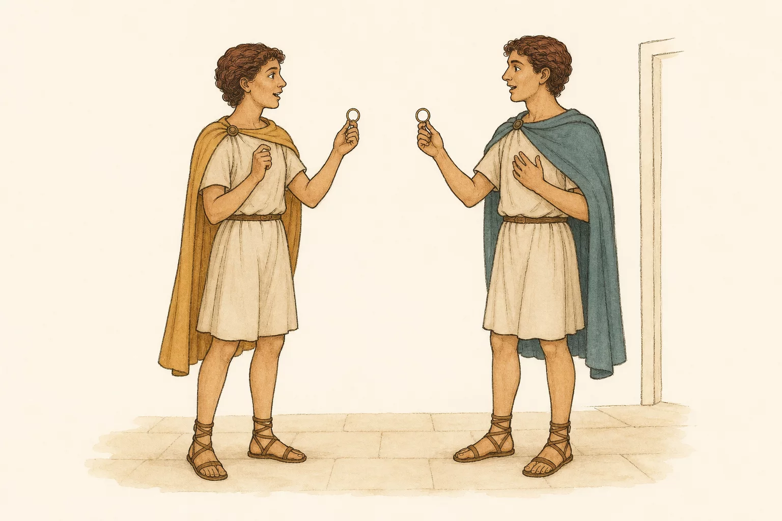 Viola and Sebastianus face one another in the same villa room and raise matching bronze rings as they recognise each other.