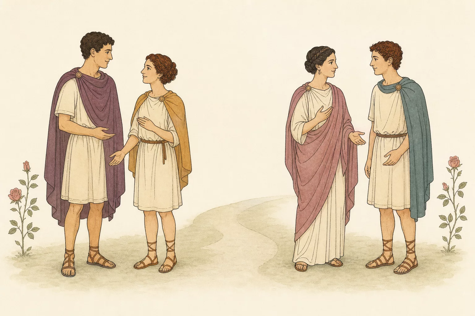 In a sparse rose garden Viola stands beside Orsinus and Olivia beside Sebastianus as the two couples face one another peacefully.