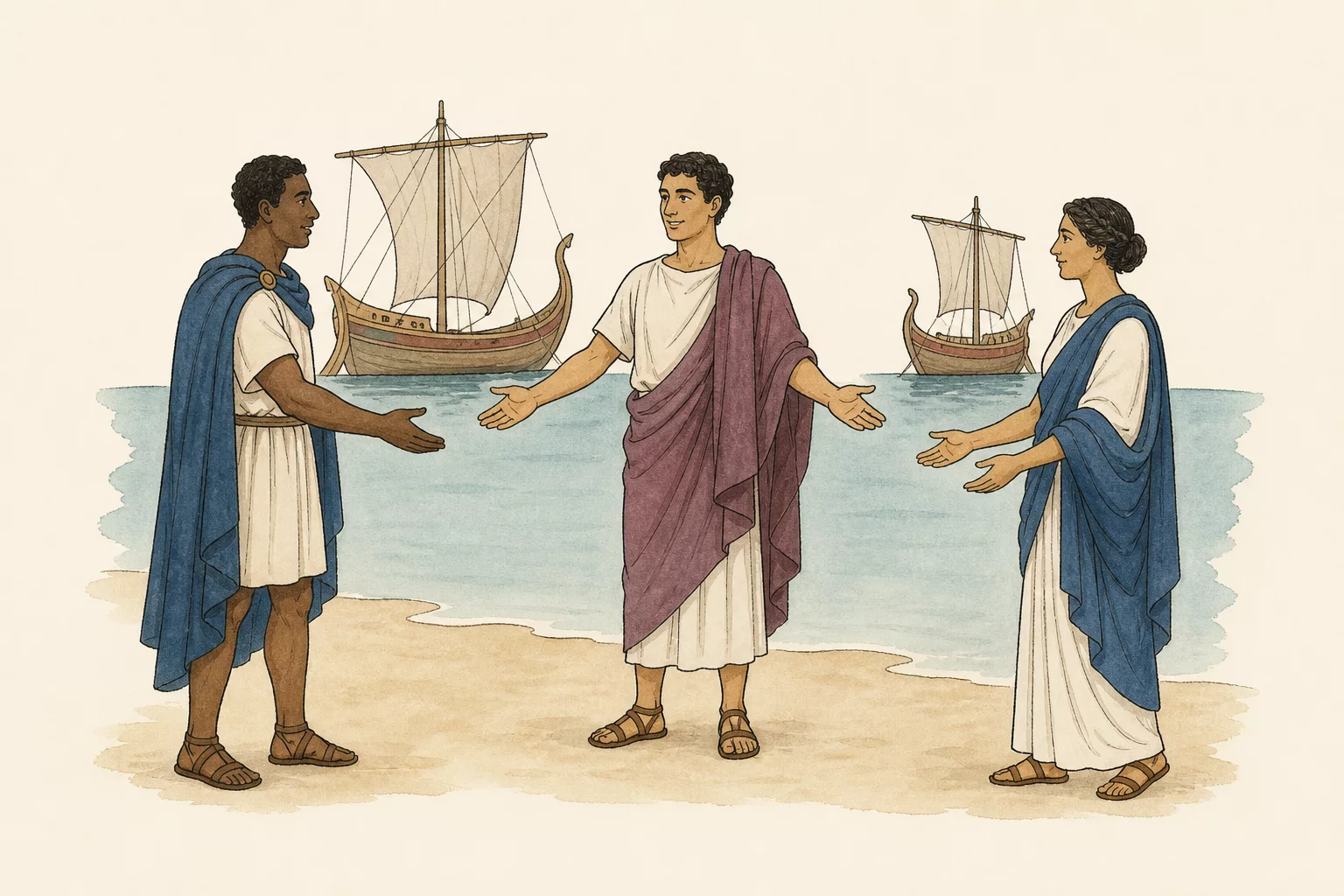 Orsinus welcomes Othellus and Portia on the Illyrian shore as two Roman ships rest behind them.