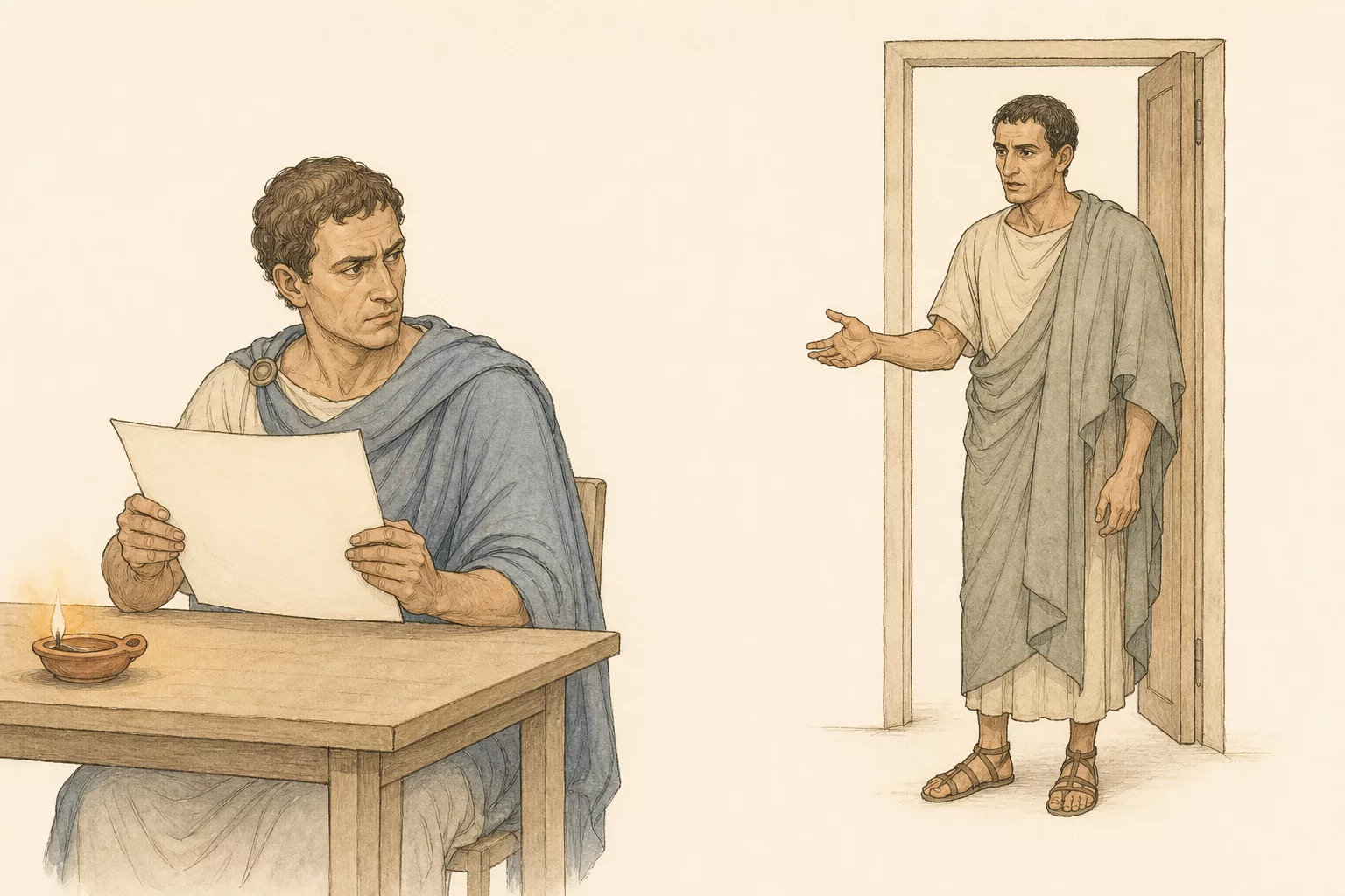 Brutus reads one anonymous letter by an oil lamp while Longinus waits in the open doorway and urges him toward a decision.
