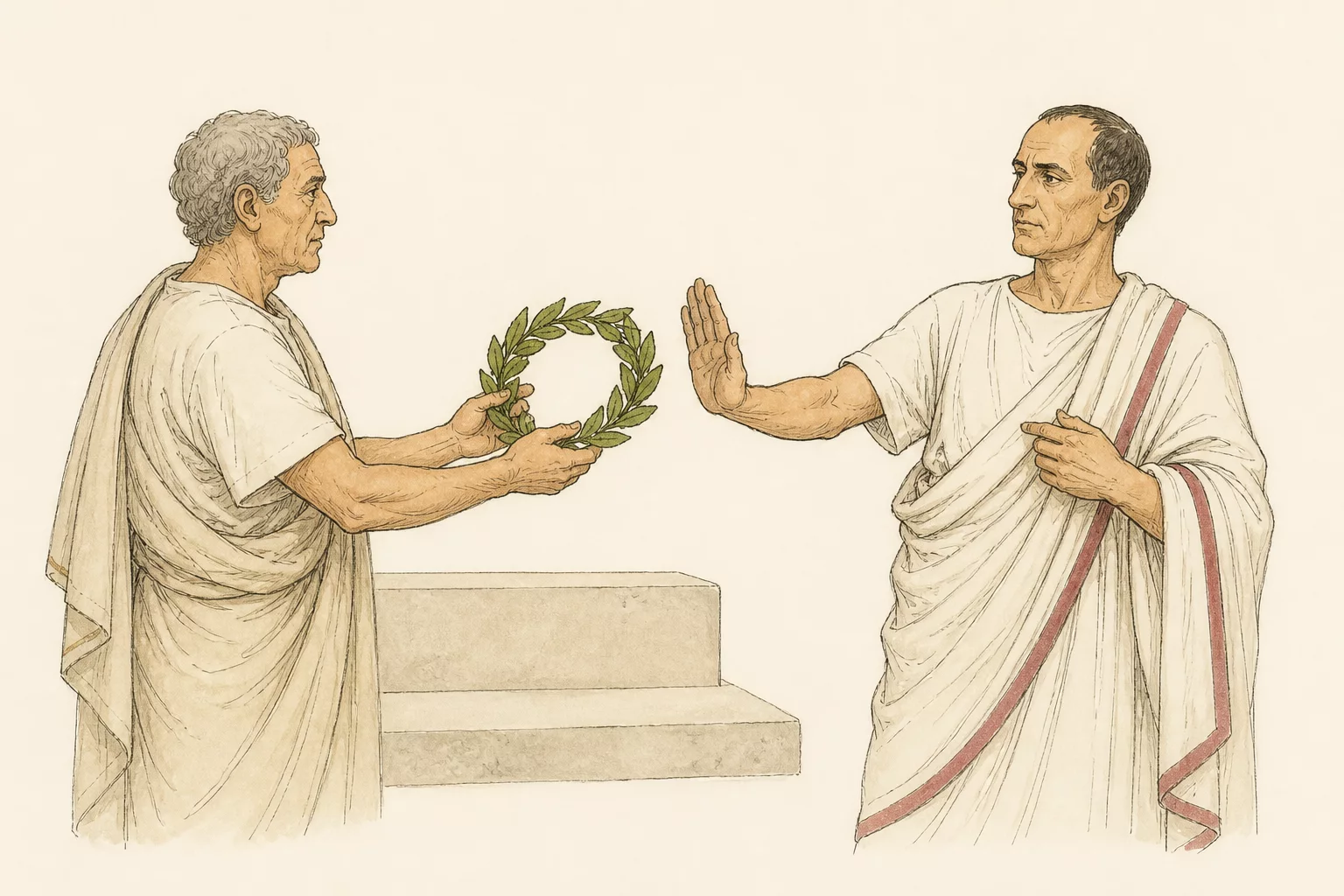 In a sparse Roman forum a magistrate offers Caesar a laurel wreath while Caesar raises one hand to refuse it.