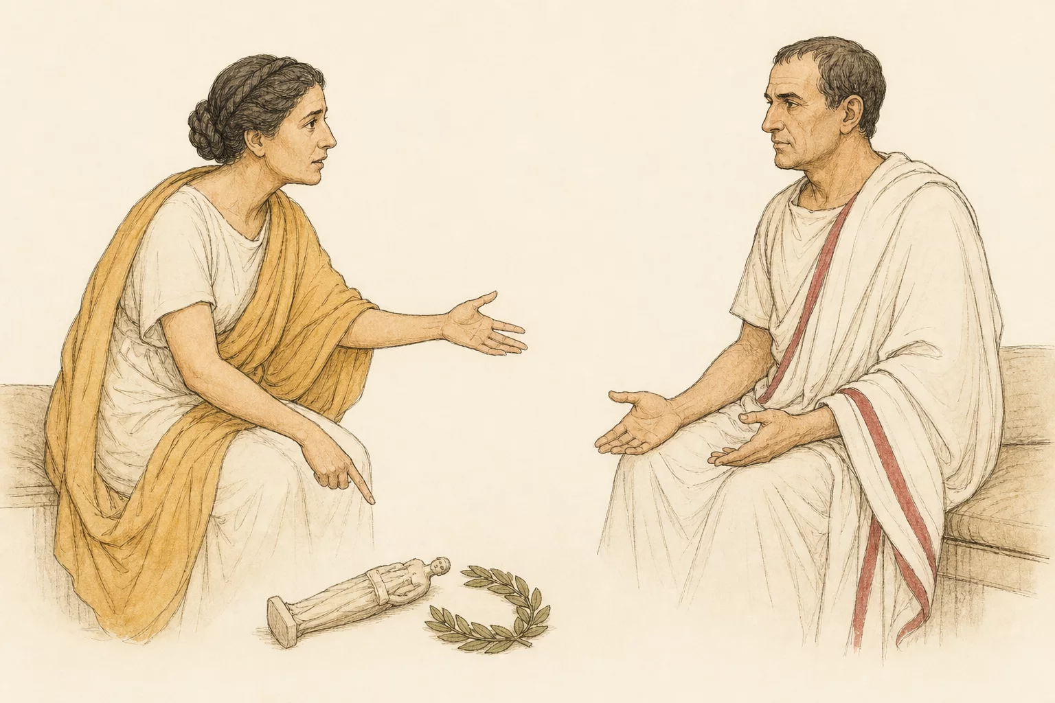 Calpurnia warns Caesar in a spare Roman room while indicating a small fallen statuette and laurel wreath from her troubling dream.