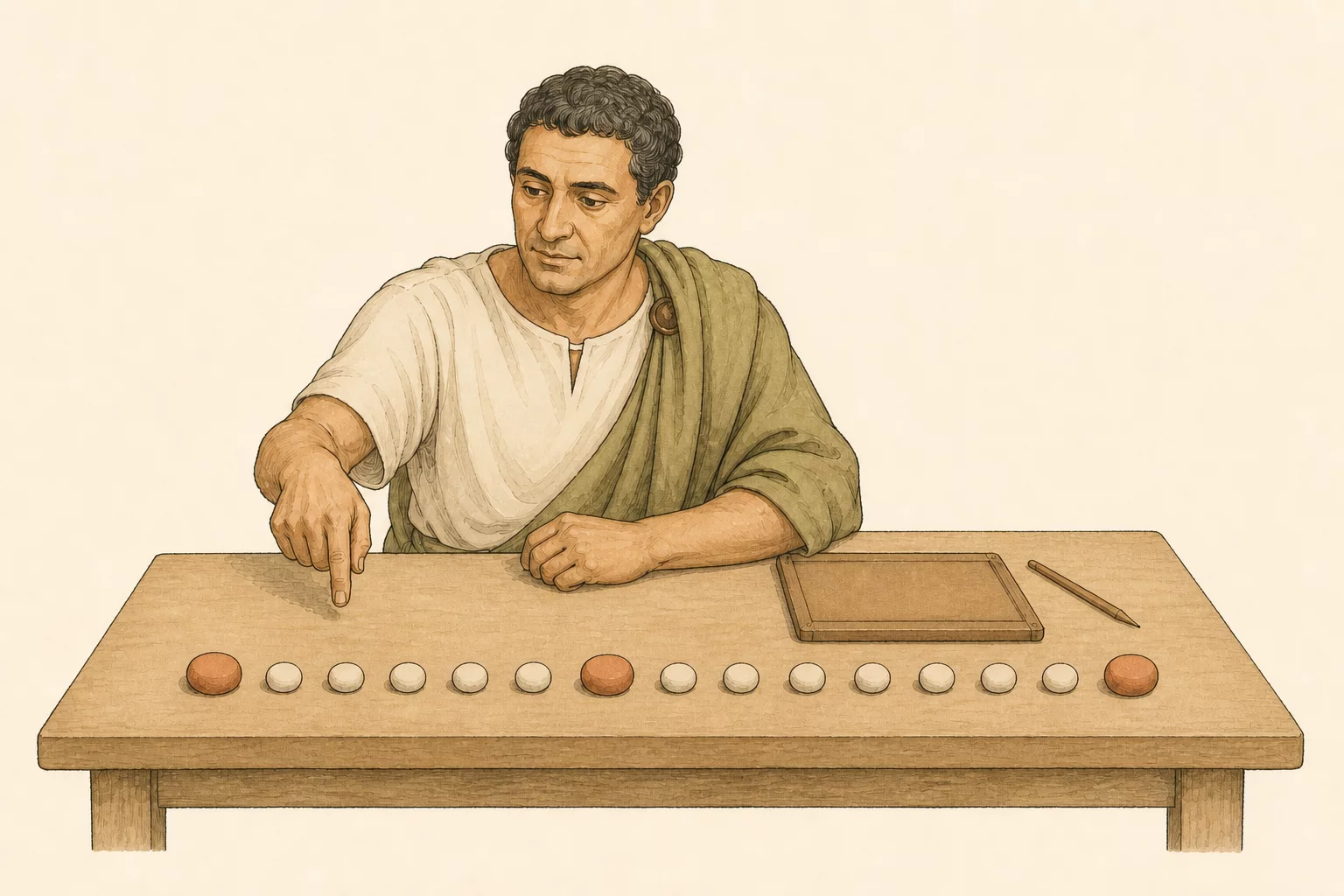 A Roman calendar keeper points to fifteen counters arranged in order, with larger markers at the first, seventh and fifteenth positions.