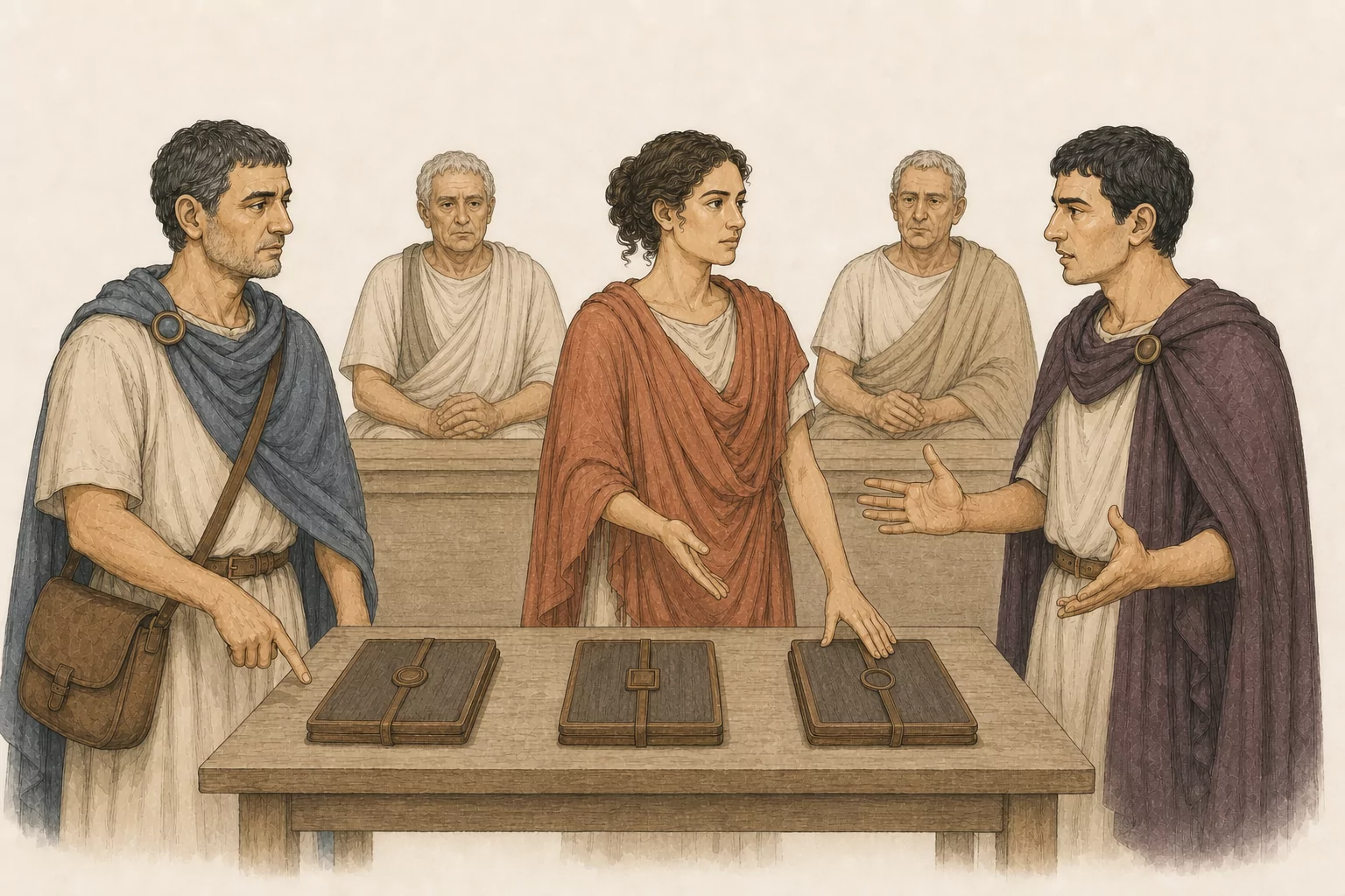 Valeria places three sealed records in order before a civic panel while Rufinus gestures loudly and Crispus calmly indicates the first record.