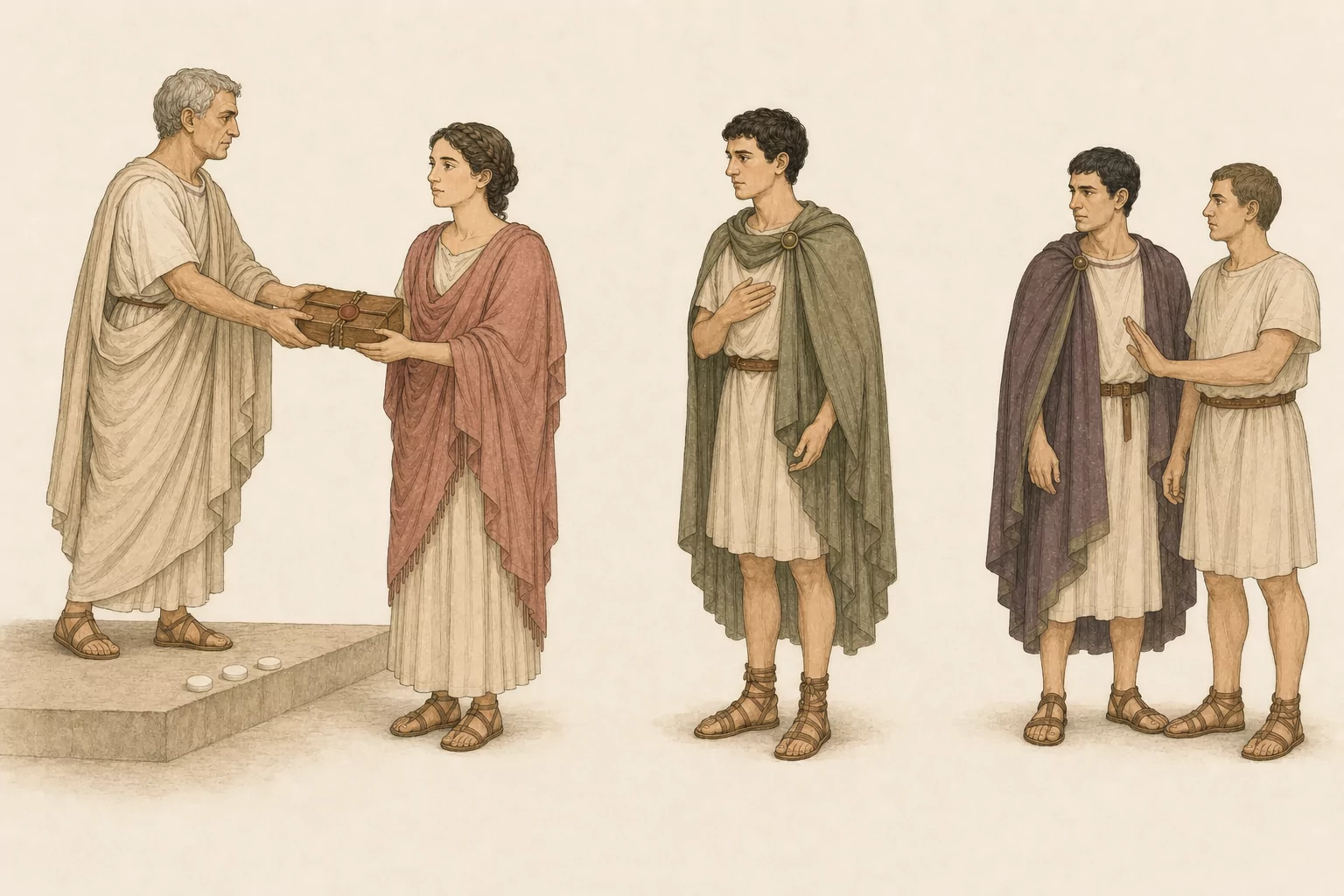 An arbiter hands Fabia the sealed public decision while Marcellus addresses her from a respectful distance and Rufinus stands separately beside a guard.