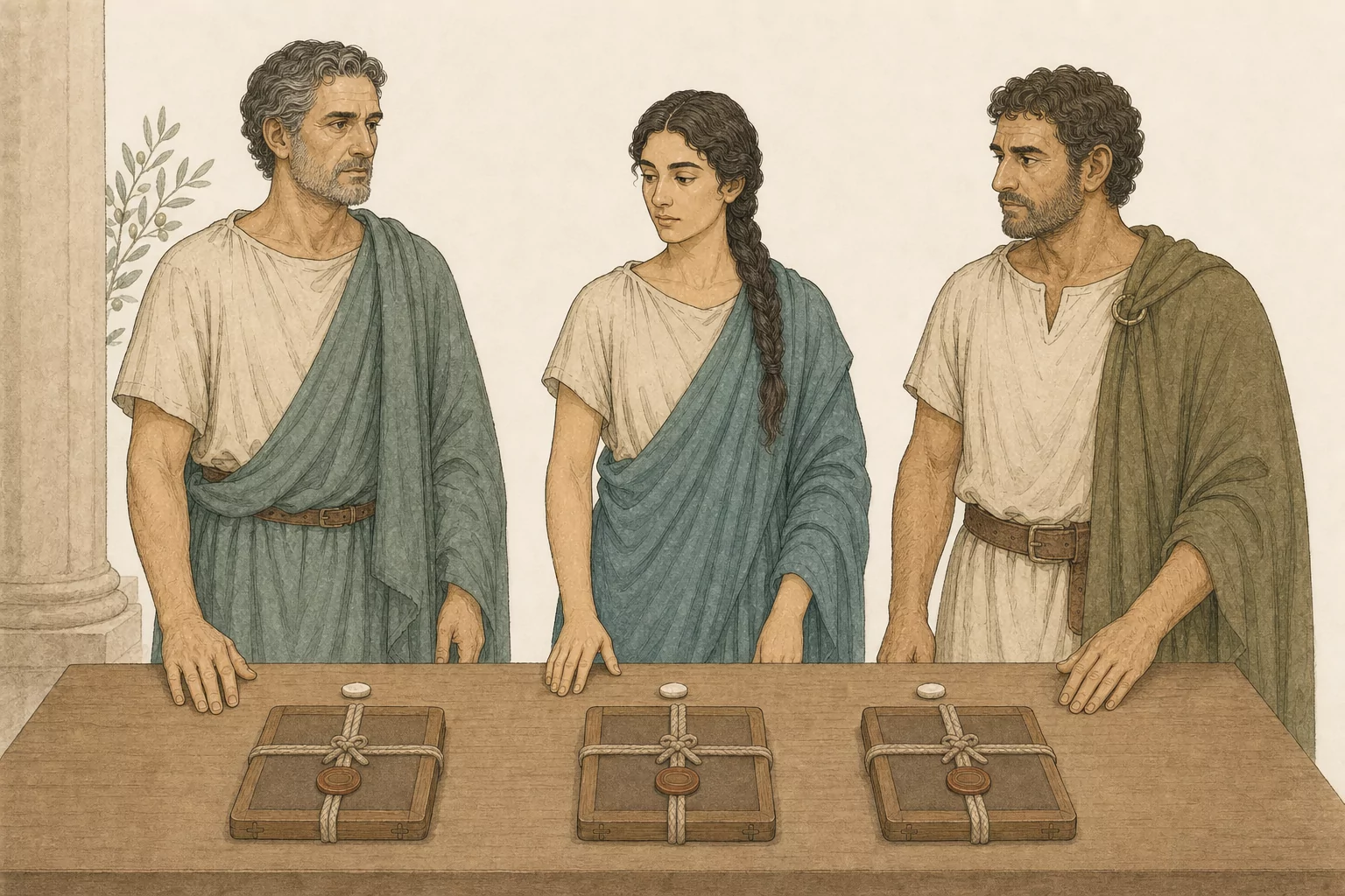 Serenus, Marcia and Silvanus stand together at a plain table as each touches or signs one of three matching sealed copies of their island compact.