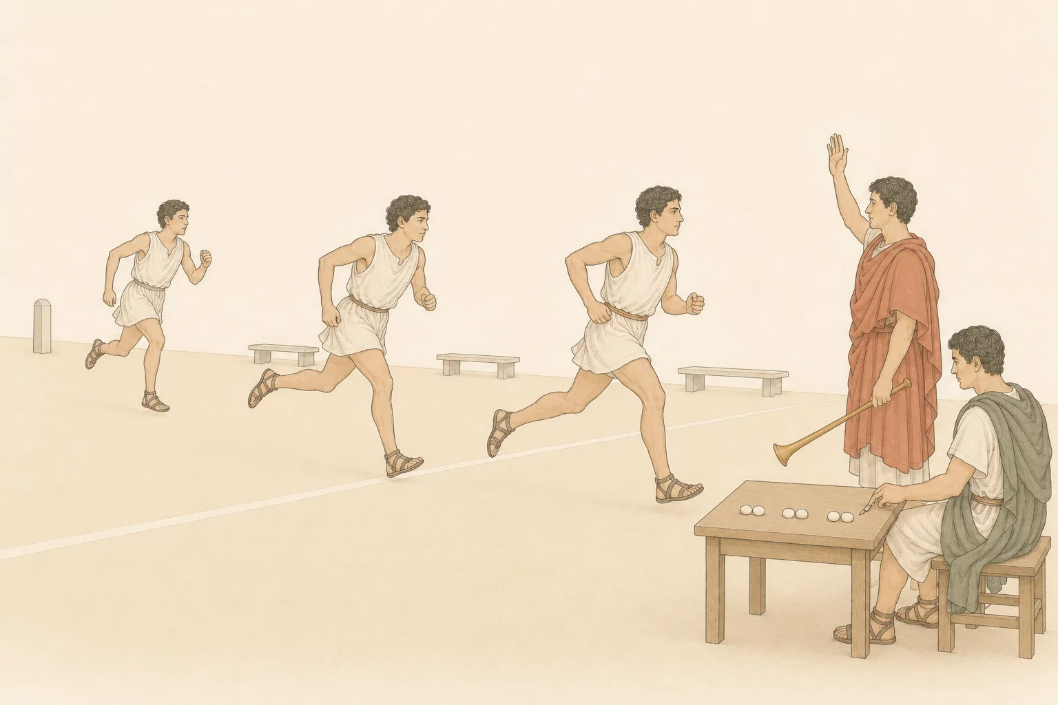 Three runners cross a marked line at visibly different distances while a herald raises his hand and an official records their order with counting stones.
