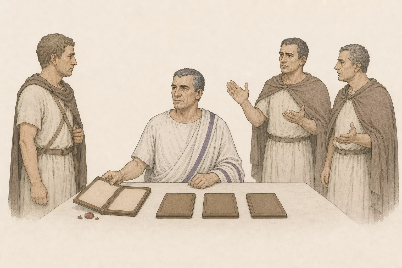 Flaccus compares a courier’s opened tablet with the separate depositions of two road guards at a plain municipal table.