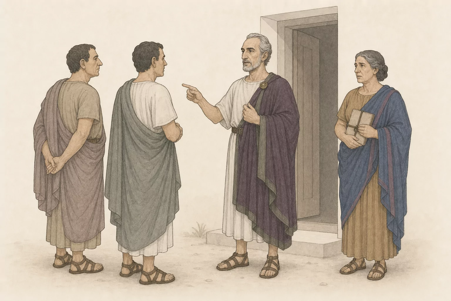 Balbus announces Laelia’s supposed death to two citizens while Sabina stands apart holding the undelivered sealed tablet.
