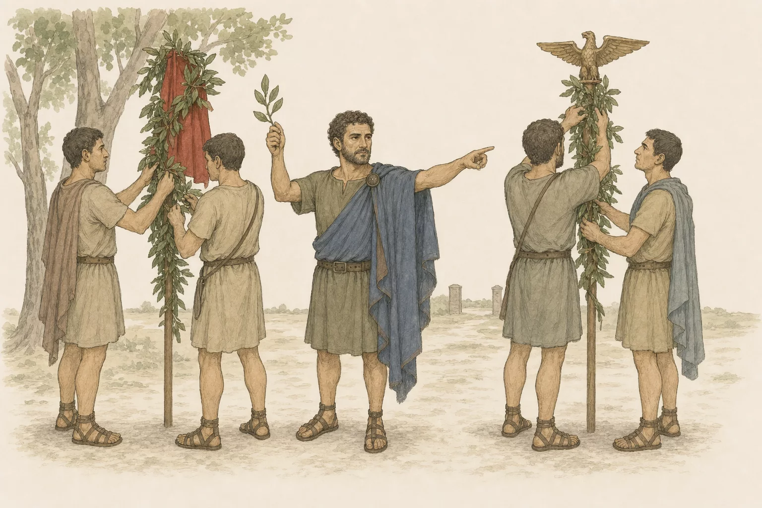 Sabinus directs anonymous loyal soldiers wrapping leafy branches around two Roman standards at the edge of the sacred grove.