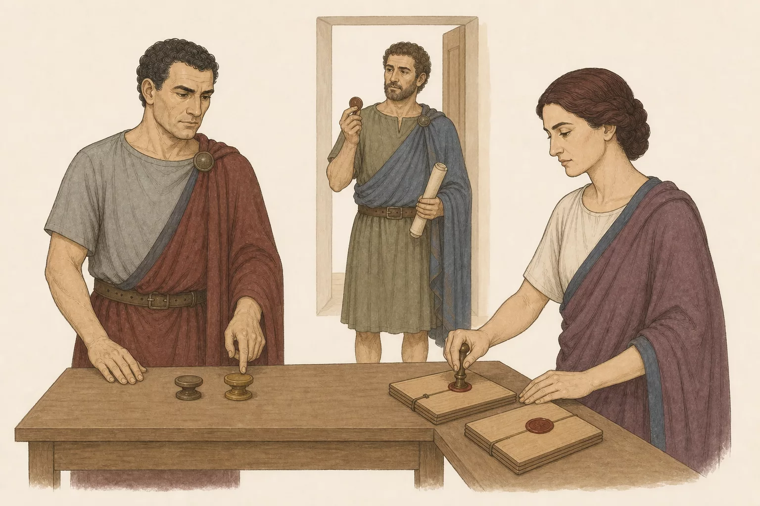 Drusus checks two watch tokens, Vipsania seals two blank orders, and Sabinus holds a warning dispatch as three completed conditions are arranged before the feast.