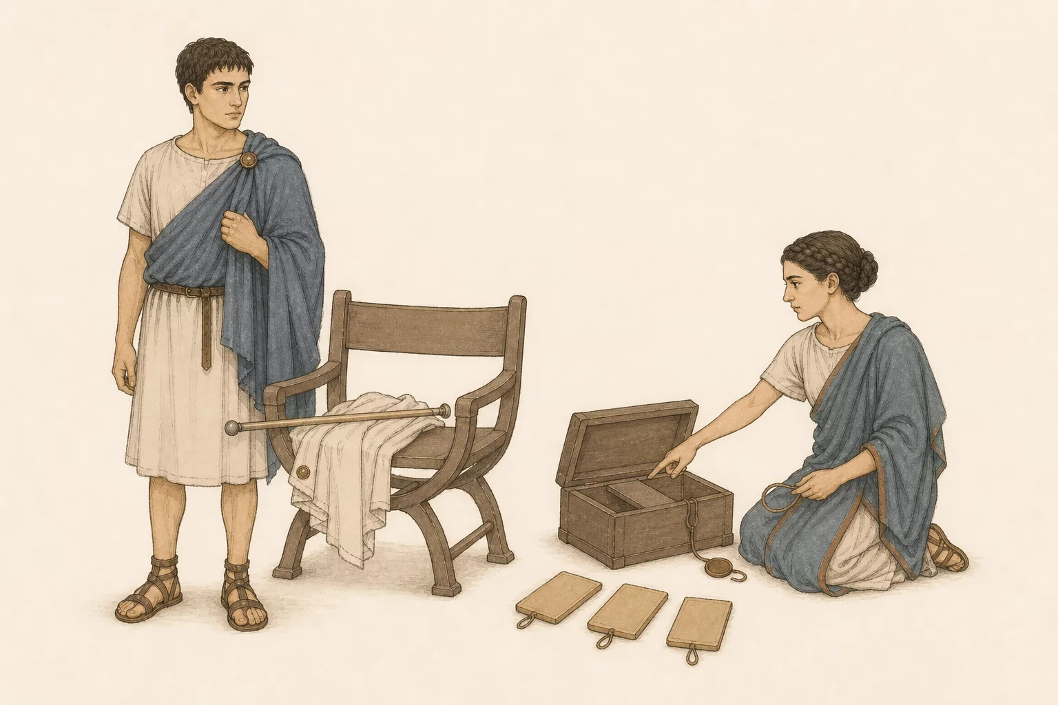 Cassianus and Aurelia find Neratius’s empty chair, folded cream cloak, command baton, and an opened document chest without any body or violence shown.