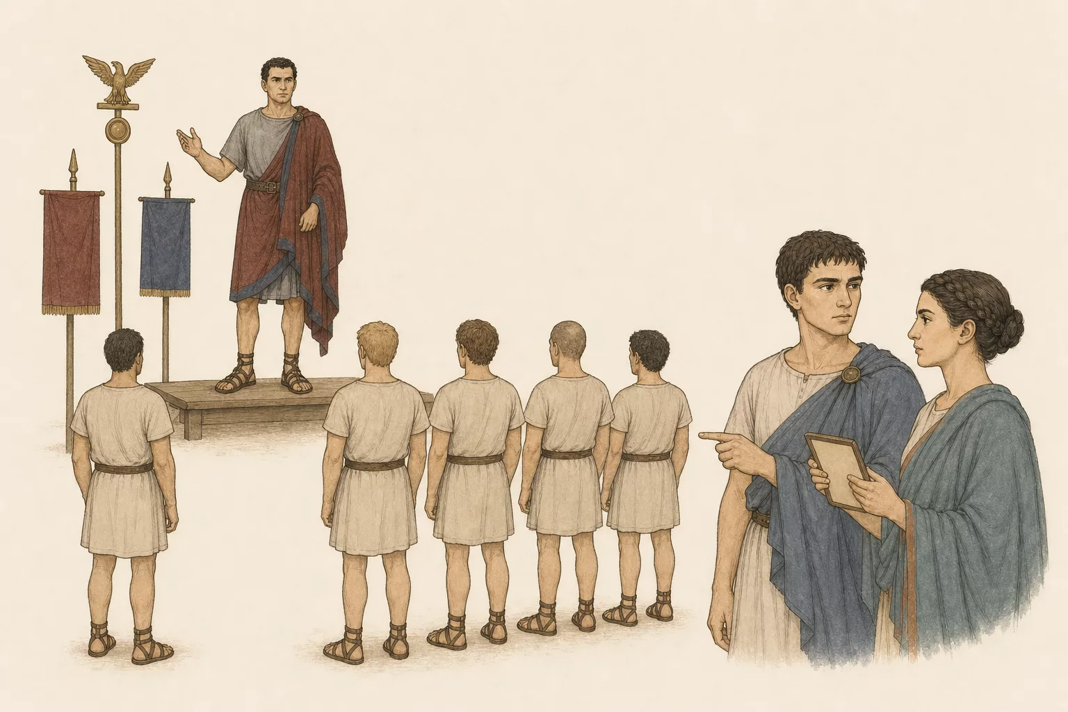 Drusus addresses an orderly camp assembly from a low platform while Cassianus and Aurelia compare his announcement with a blank archive tablet at the side.