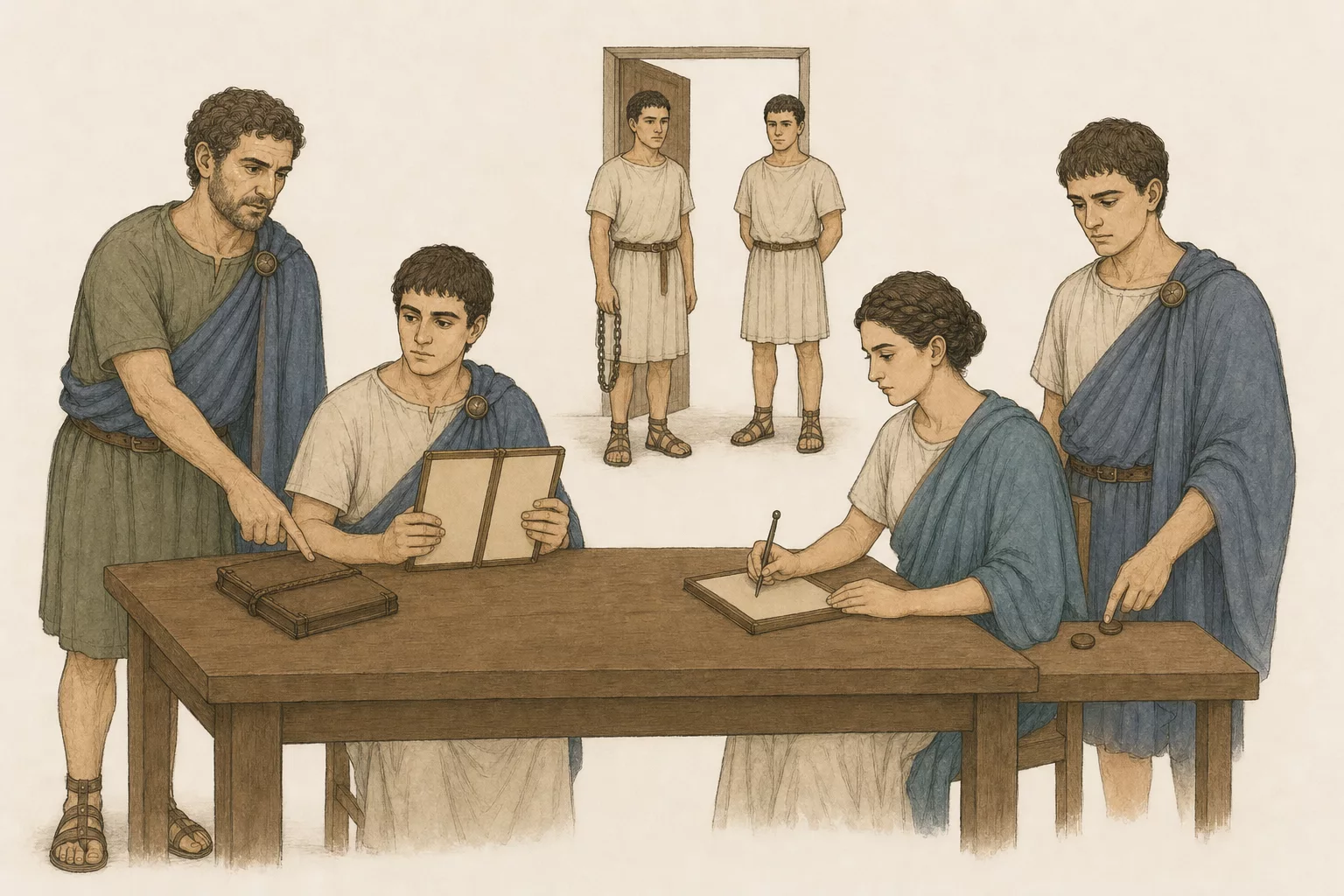 Sabinus, Cassianus, Aurelia, and Horatius copy two blank duty rosters at a plain table while two anonymous guards wait quietly at the doorway.