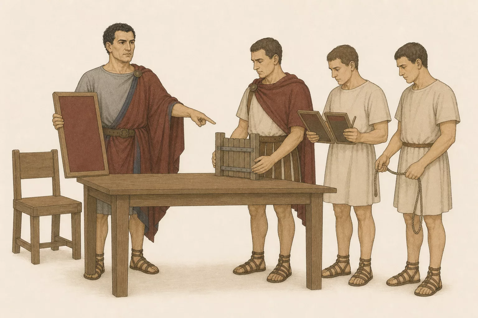 Drusus presents a blank emergency edict while a centurion, scribe, and guard each receive a distinct assigned duty represented by a gate token, tablets, and witness cord.