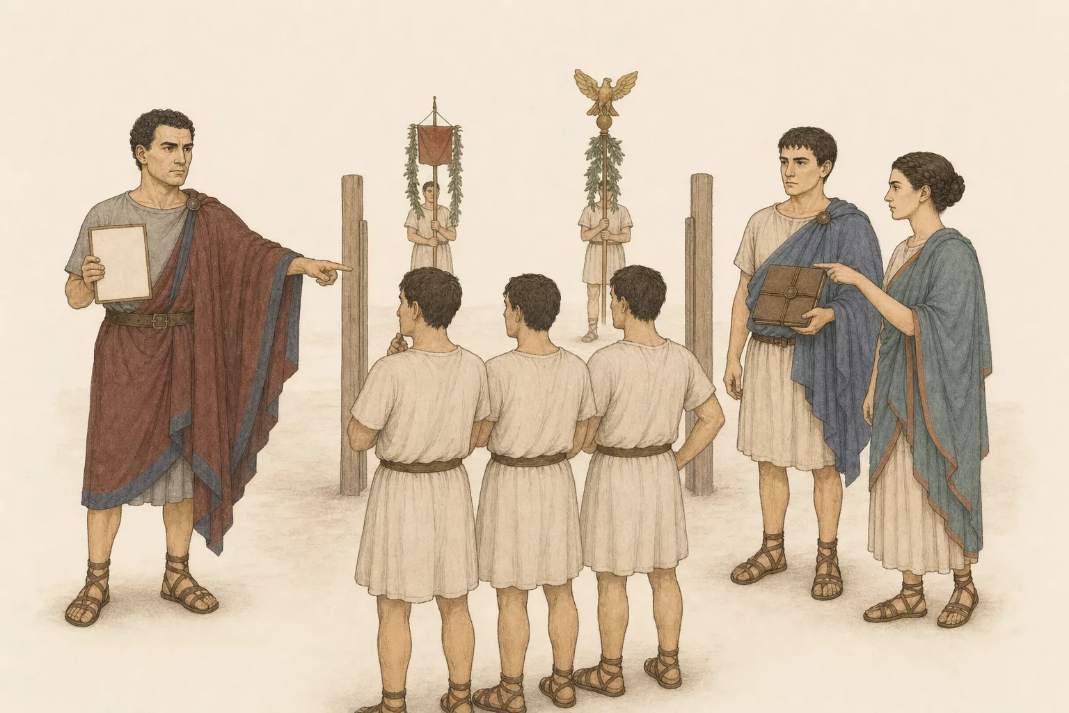Drusus holds a blank oath tablet inside the open camp gate while Cassianus and Aurelia hold a copied roster and branch-covered standards approach beyond three undecided soldiers.