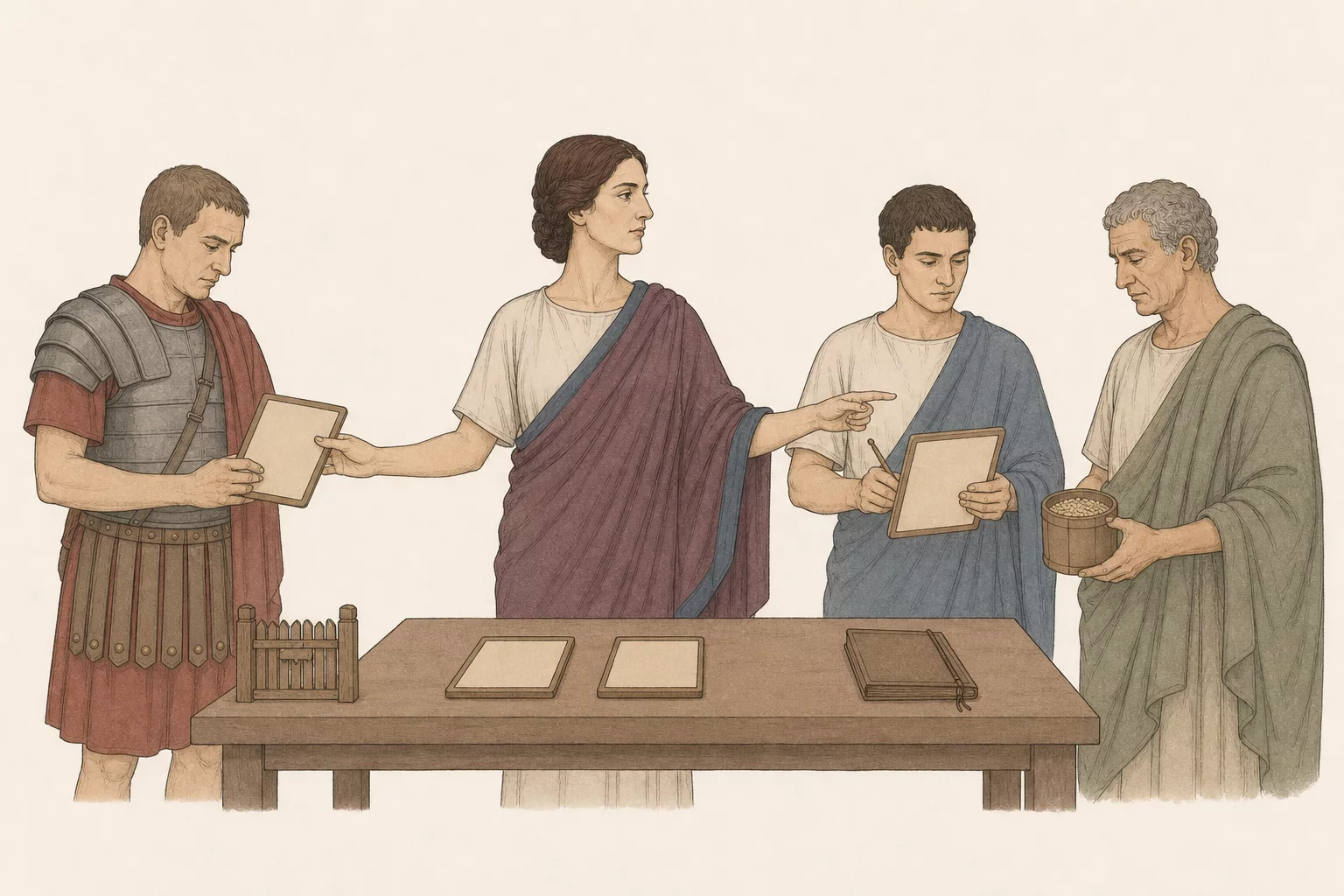 Vipsania distributes three blank duty tablets to an anonymous centurion, scribe, and municipal envoy beside a gate token, stylus, and grain measure.