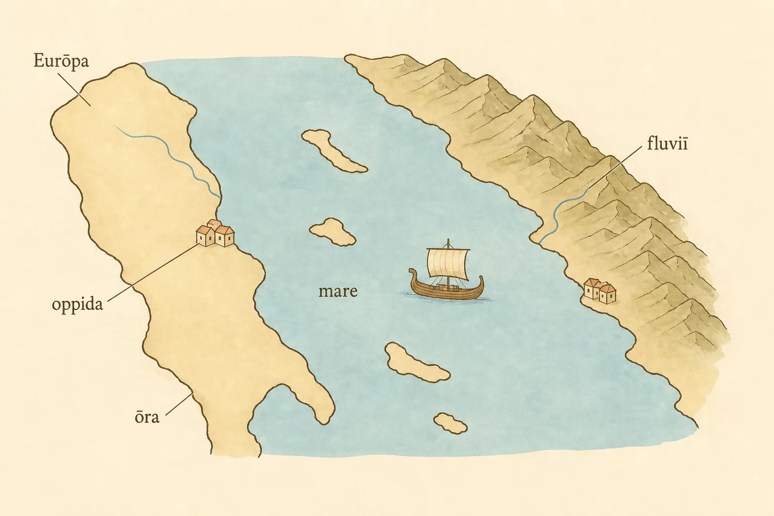 A simplified labeled Adriatic view with Europe, the sea, a coastline, rivers, two coastal towns, islands and a Roman merchant ship.