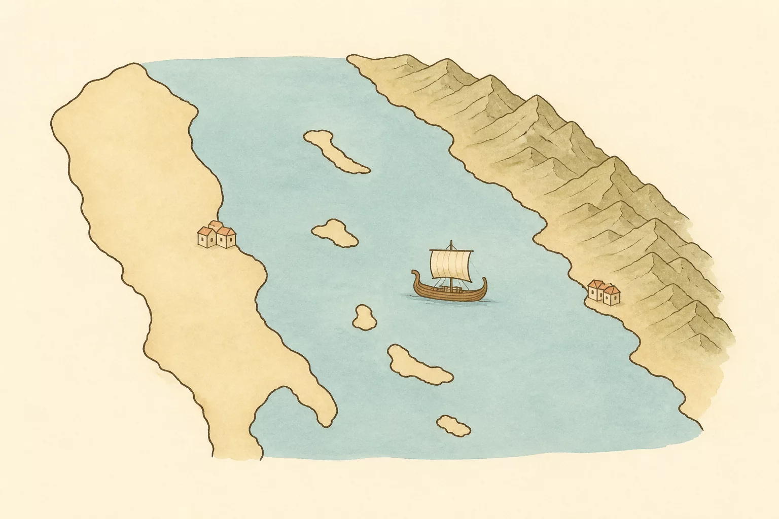 A simplified Adriatic view with Italy to the west, the Illyrian coast to the east, islands, two coastal towns and a Roman merchant ship.