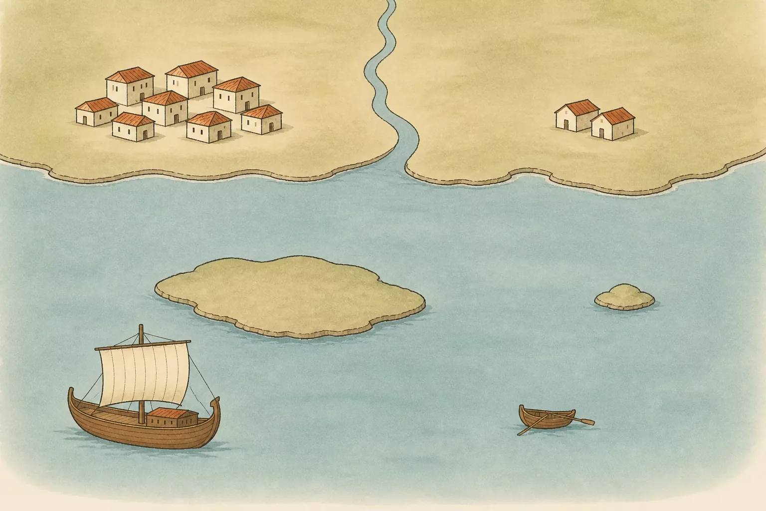 A river crosses the mainland between a large town and a small settlement, then enters a bay with a large island, a small island, a large ship and a small boat.