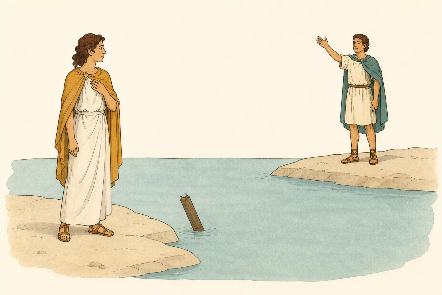 Viola and Sebastianus stand alive on opposite shores, separated by open water after their shipwreck.