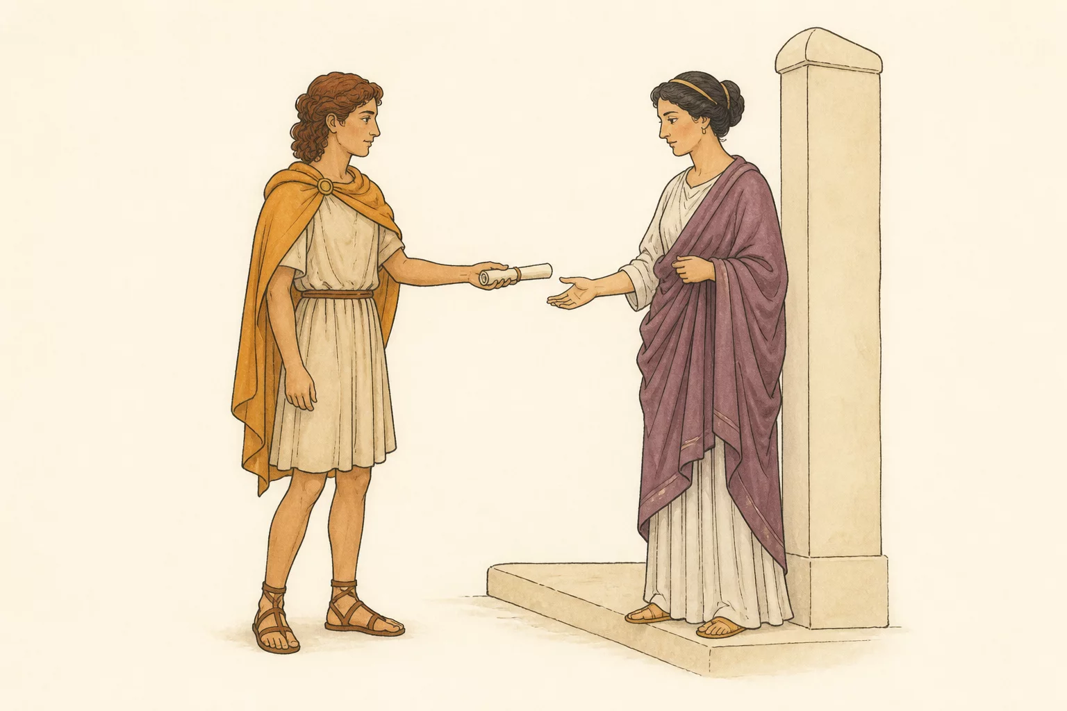 Viola as Caesarius offers Orsinus’s rolled letter to Olivia at a simple villa gate.