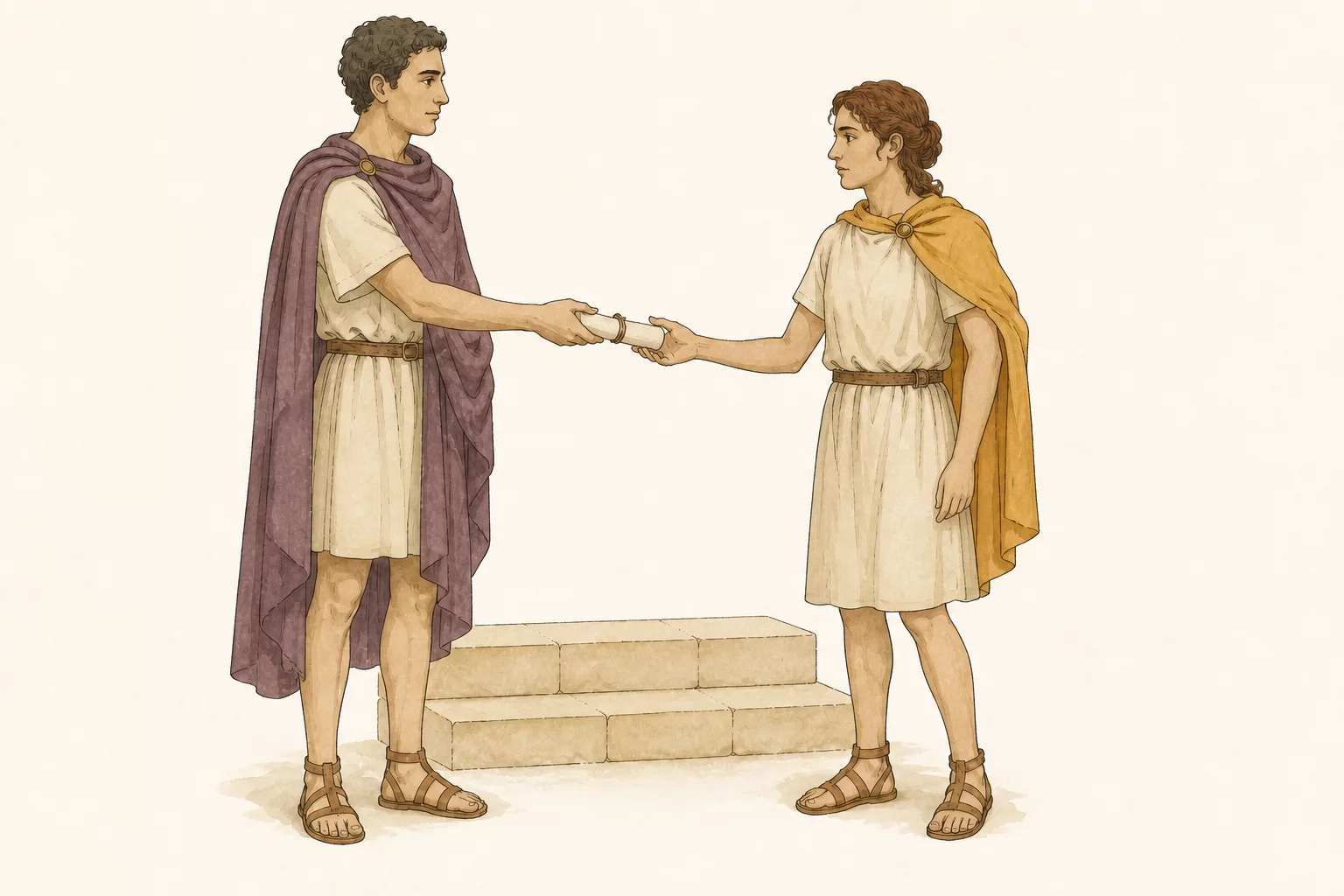 Viola in a short messenger tunic and saffron cloak stands before Orsinus as he gives her a rolled letter.