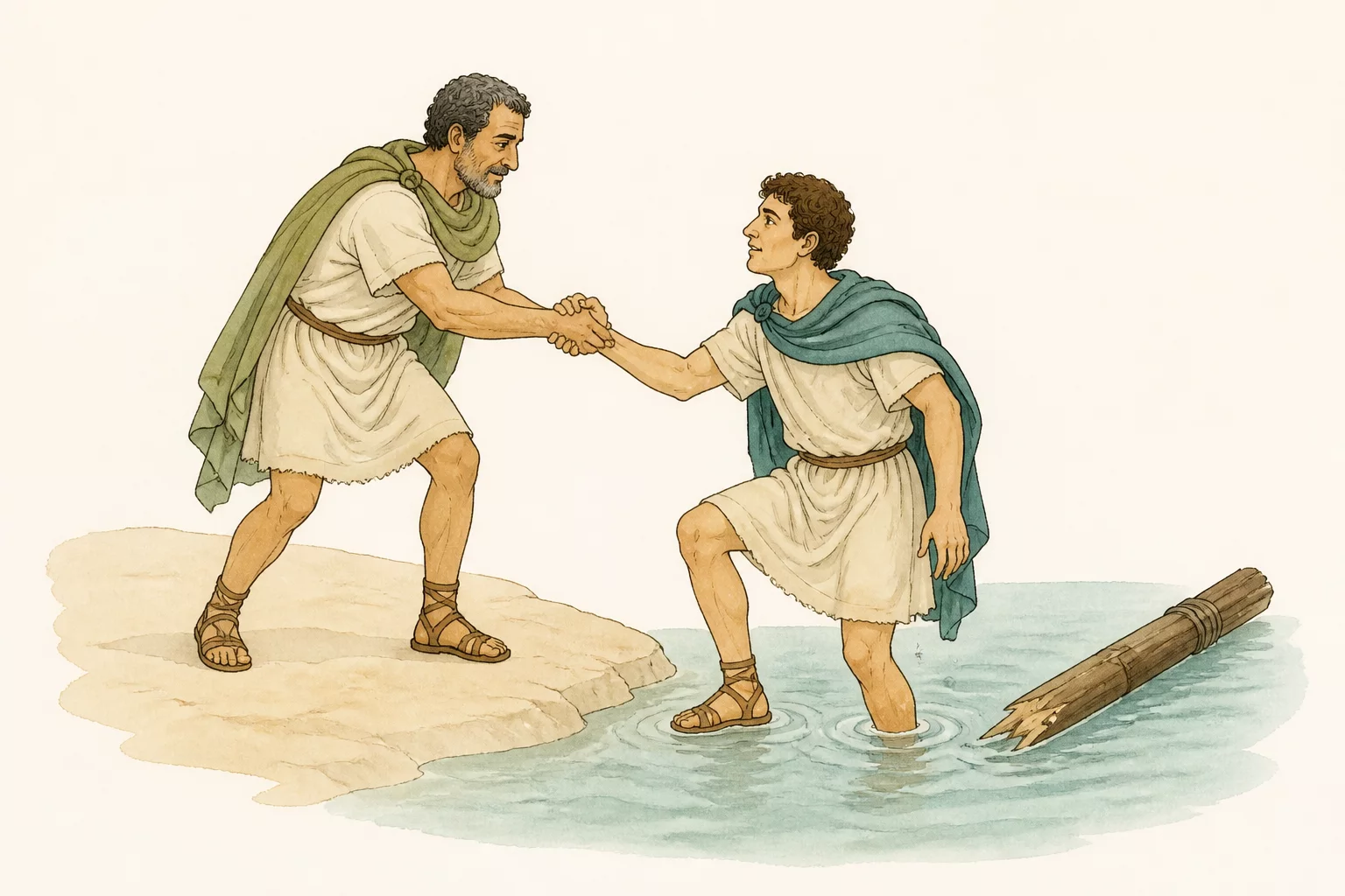 A sailor on a sparse Illyrian shore helps Sebastianus up from shallow water beside one broken spar.