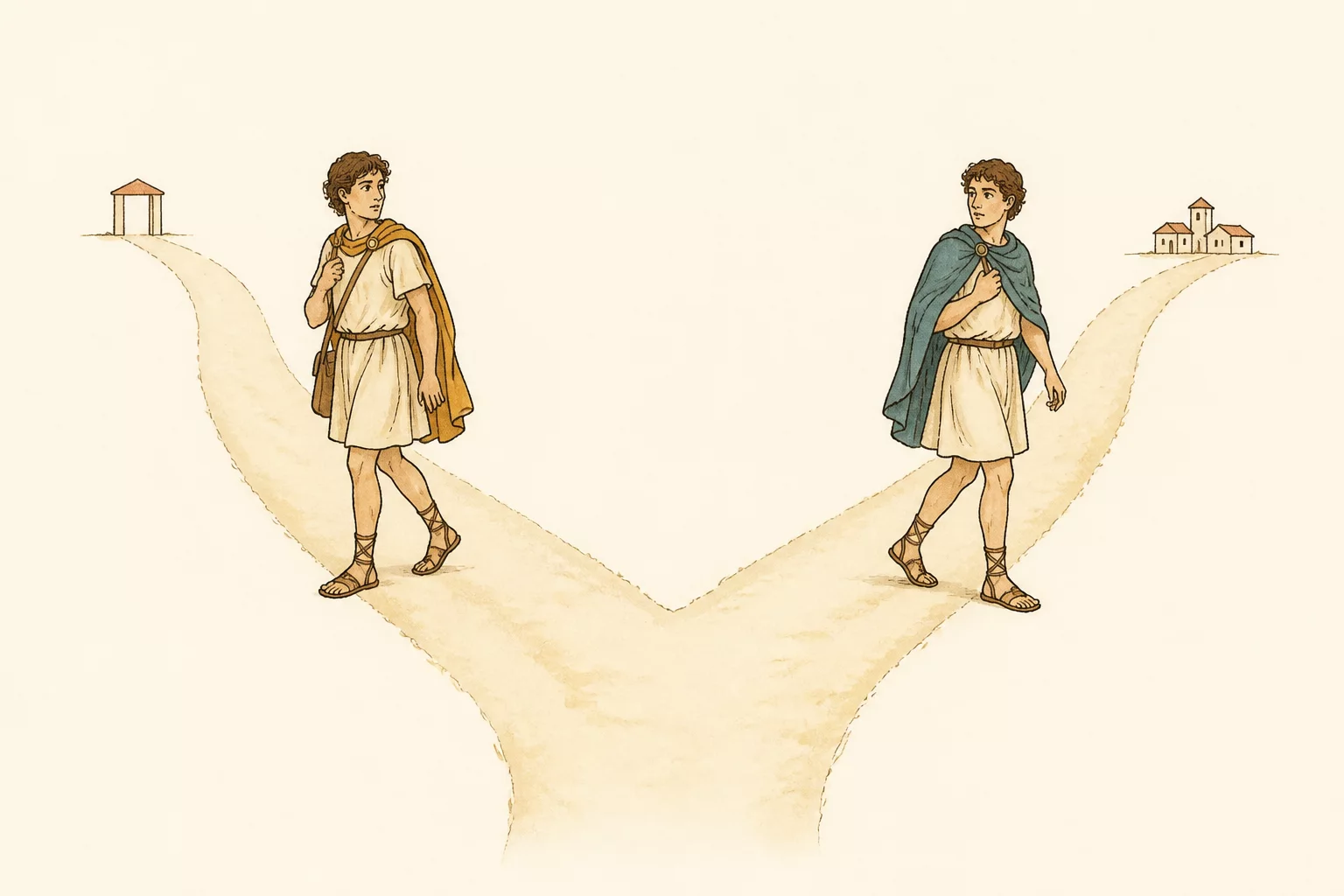 Viola leaves Olivia’s villa along one path as Sebastianus enters the town along another, each looking away while searching for the other.