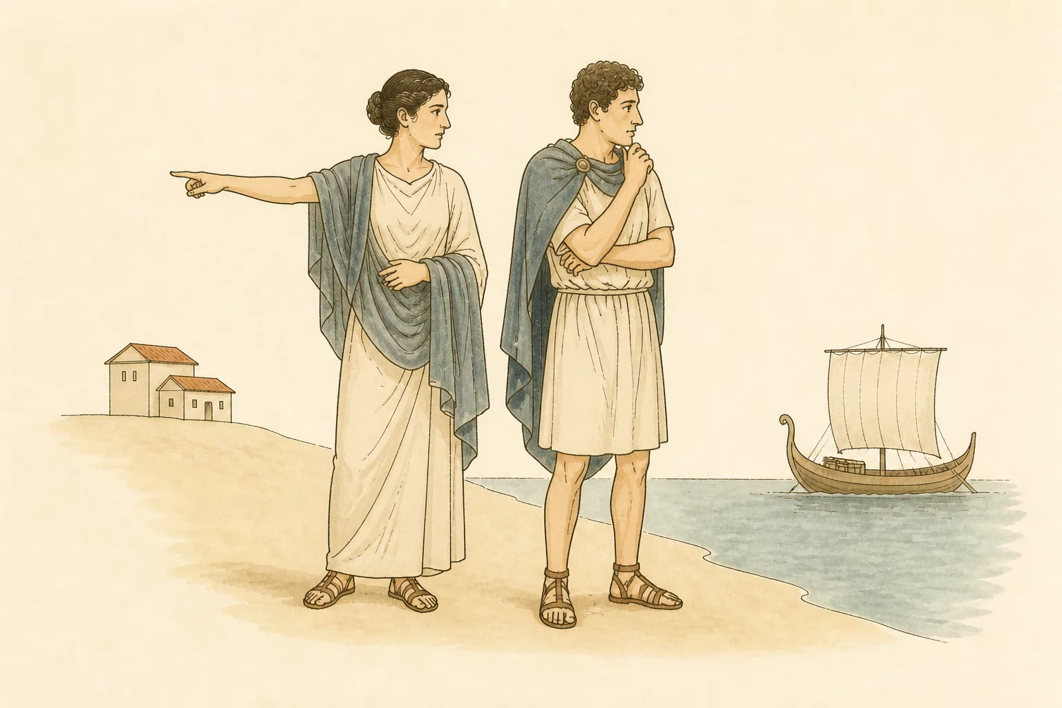 Portia gestures back toward her villa while Bassanius looks toward a waiting ship from the river bank.