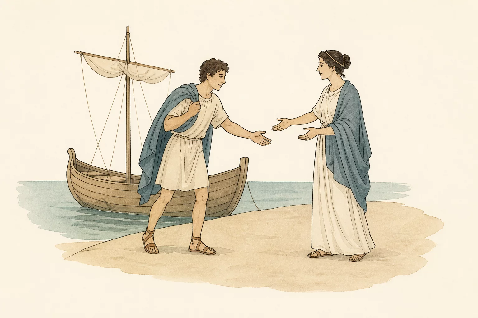 Portia welcomes the tired Bassanius on a bare island shore while his small merchant ship rests safely behind him.