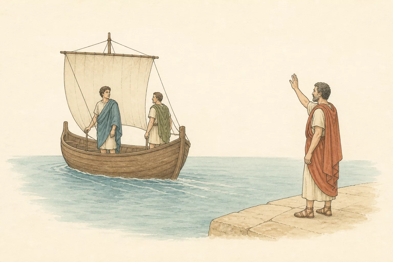 Bassanius stands with a sailor on a square-sailed merchant ship moving away from Antonius on the shore.