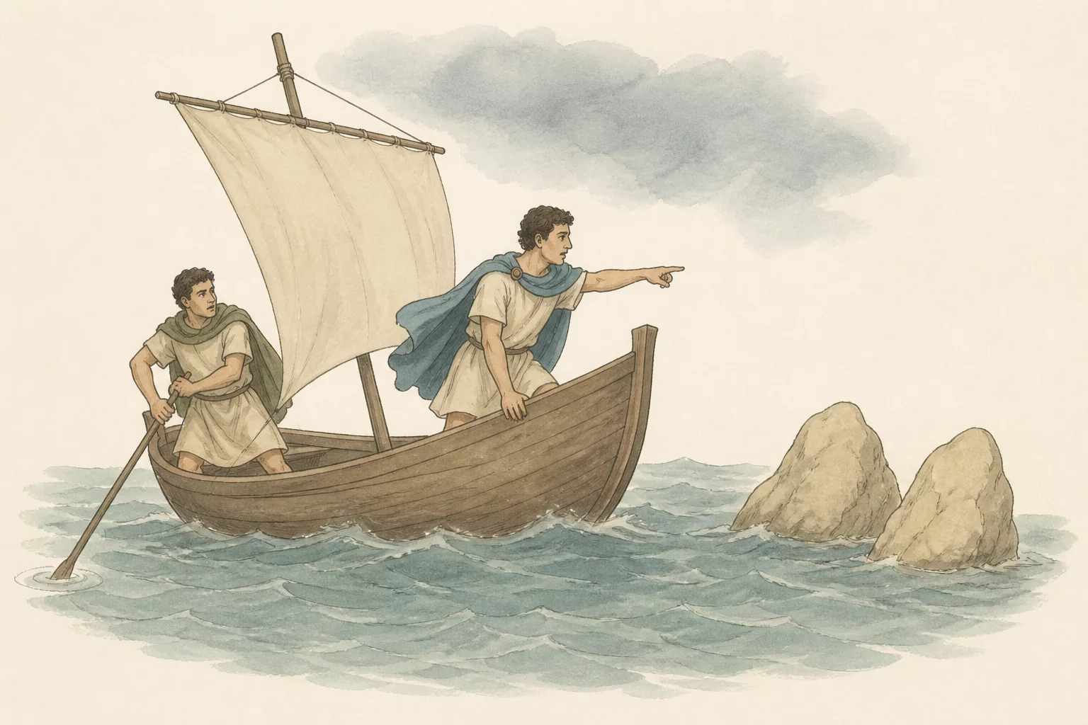 Bassanius points toward two rocks while a sailor holds an oar on a small merchant ship under a dark storm cloud.