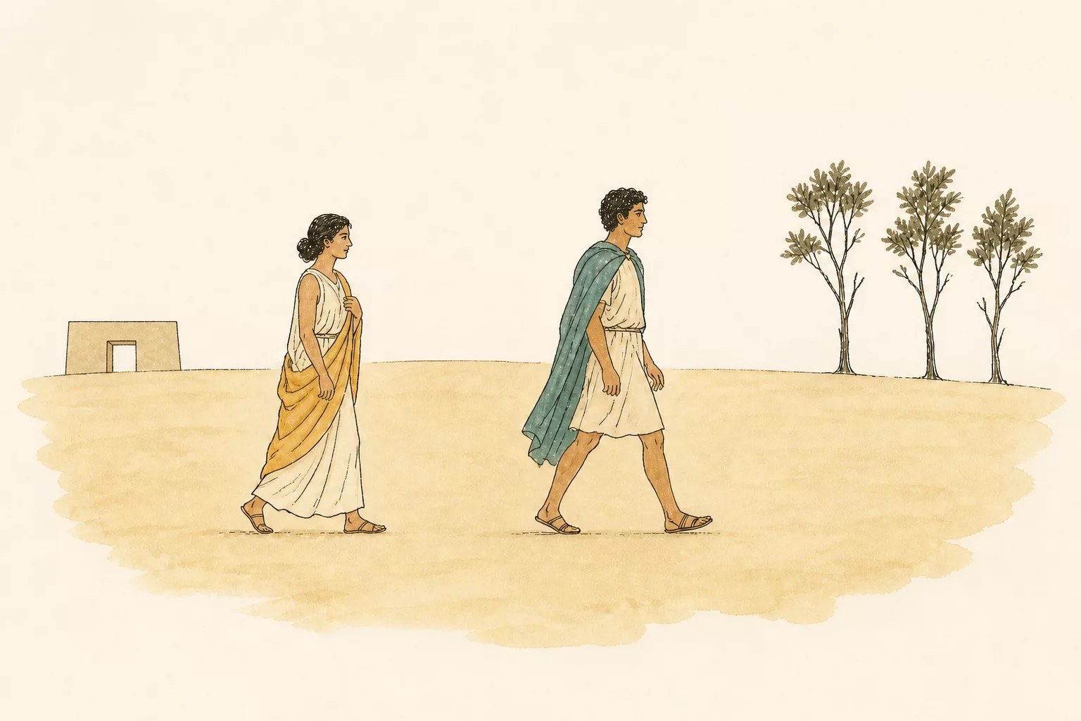 Lysandrus walks ahead of Hermia across an open field, with the city gate behind them and a dark wood ahead.