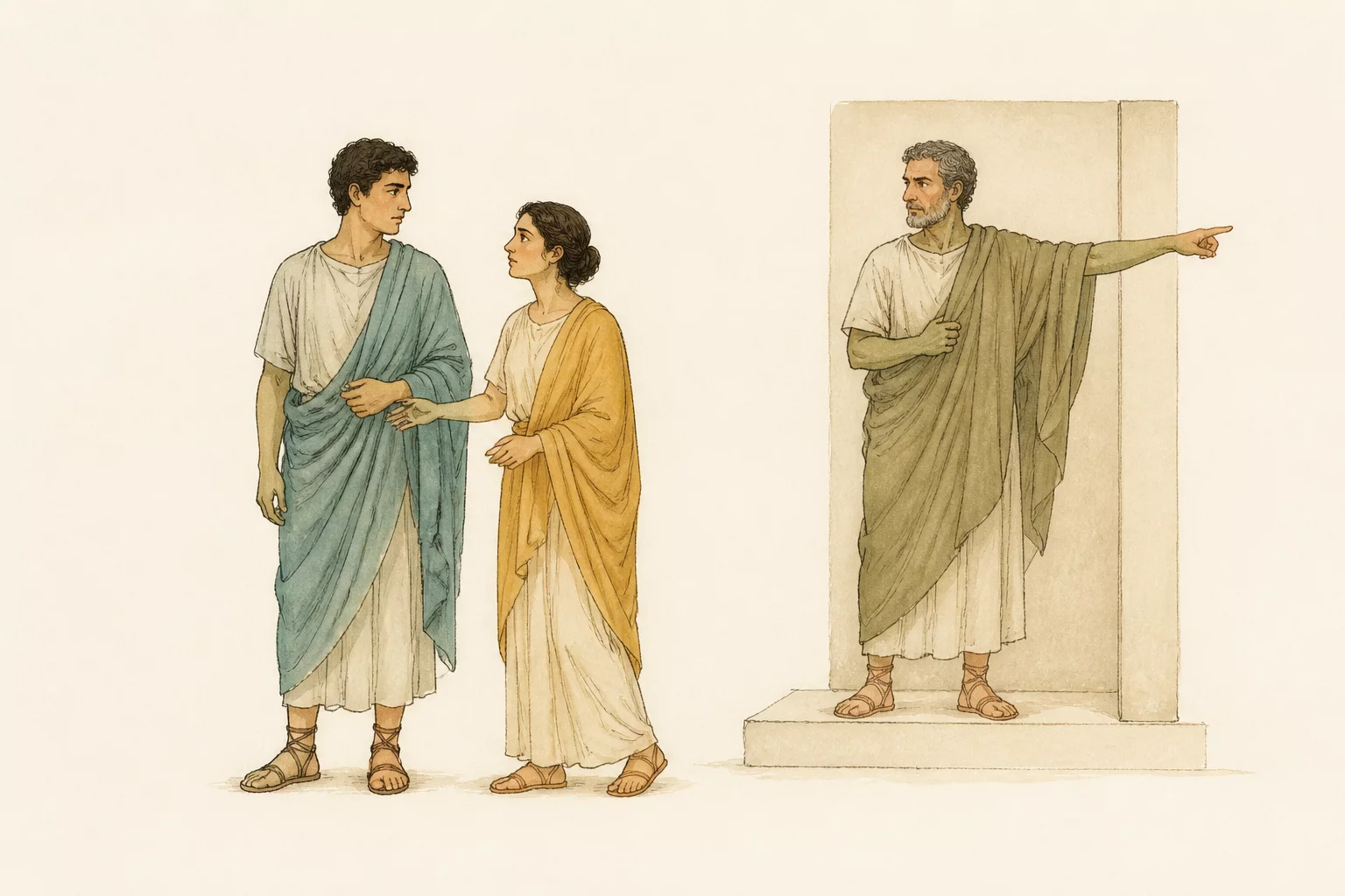 Hermia stands beside Lysandrus and looks toward him while her father points toward the absent Demetrius from a villa threshold.