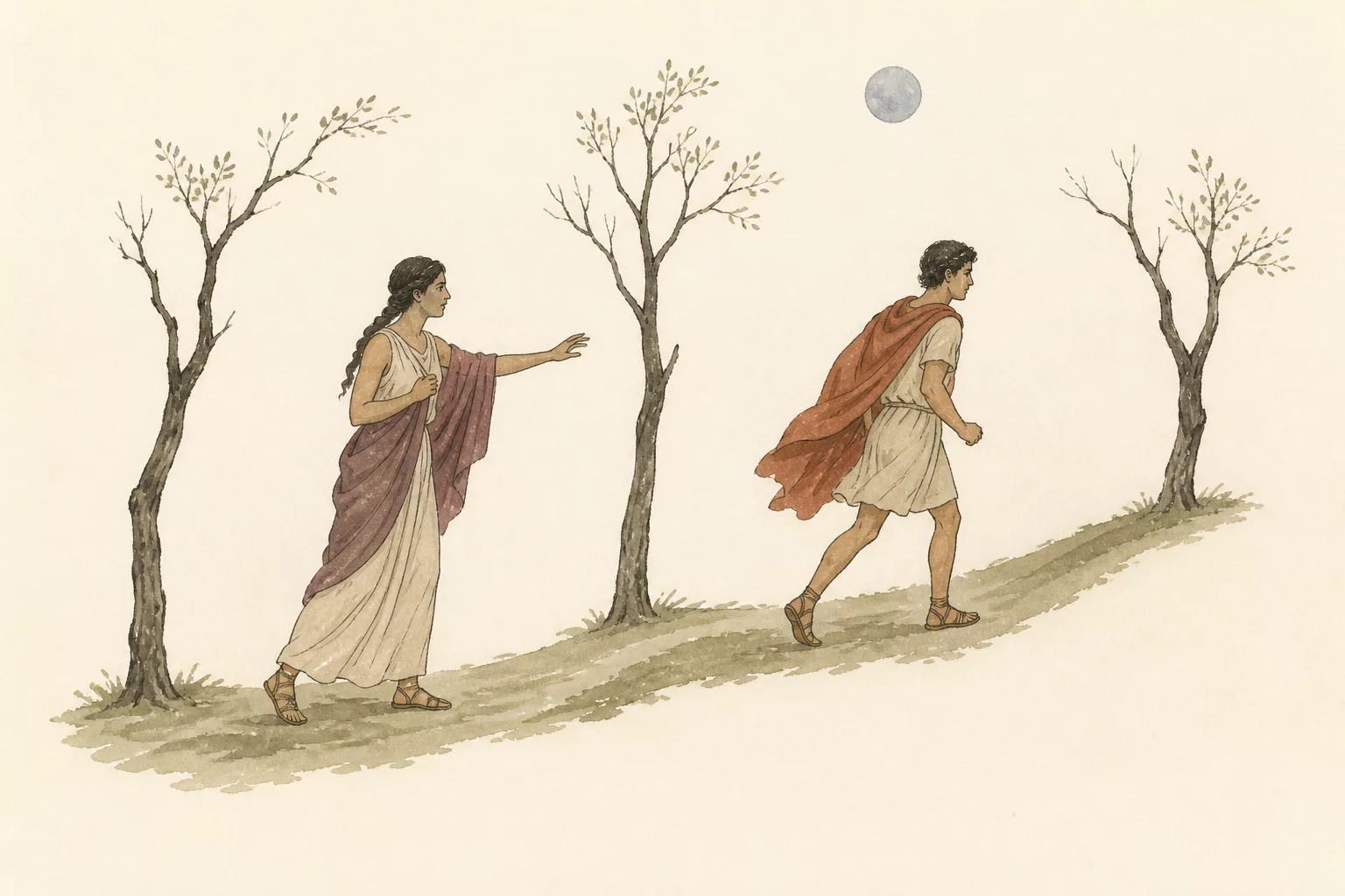 Demetrius hurries into a dark wood while Helena follows behind him along the same narrow path.