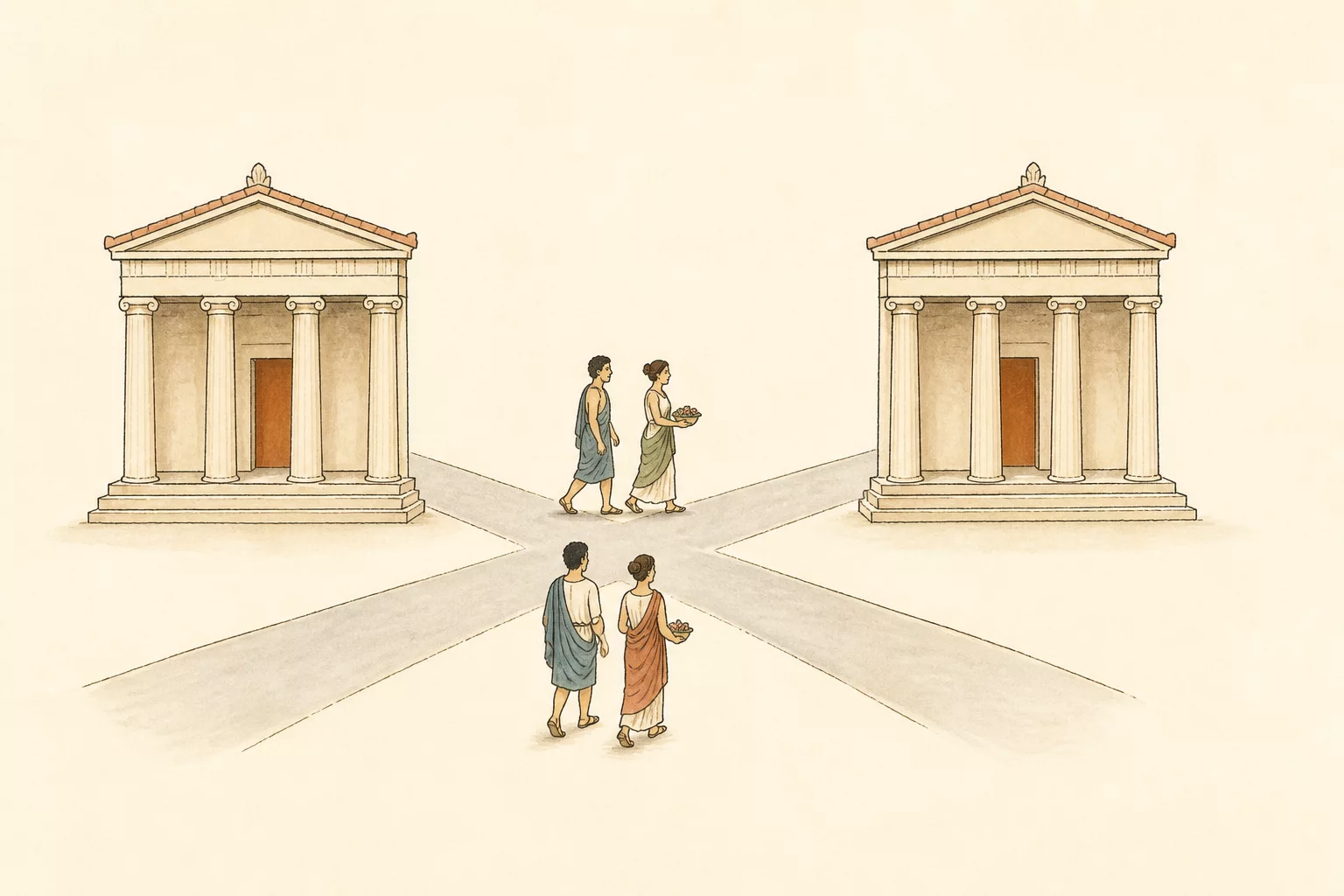 Several roads pass between two simple ancient temples as small groups of Athenians walk through the city.