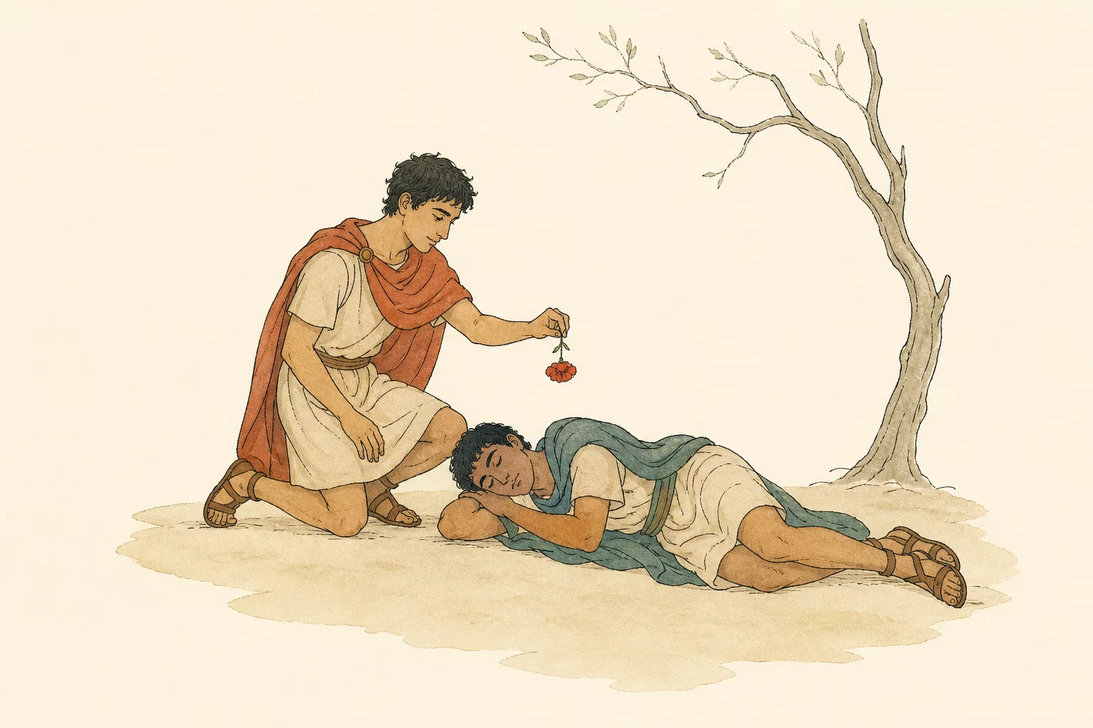 Robinus holds one red flower above the closed eyes of Lysandrus, who sleeps beneath a sparse tree.