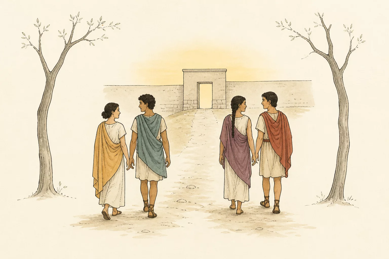 At dawn Hermia stands beside Lysandrus and Helena beside Demetrius, with a simple city gate beyond the forest path.