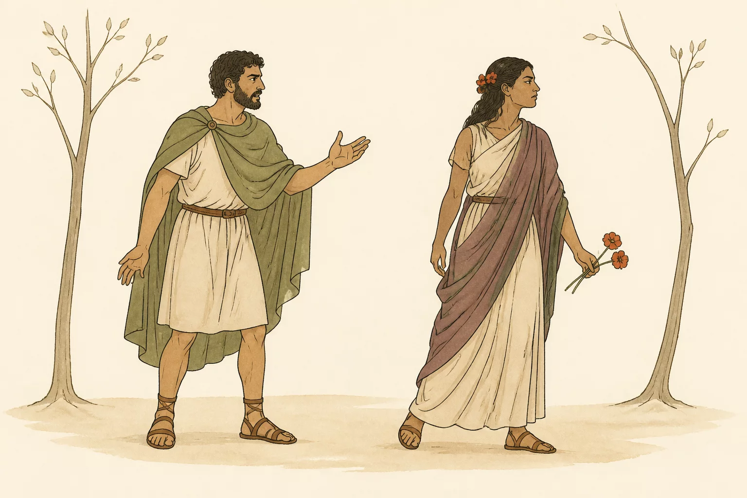 Oberonus speaks angrily while Titania turns away holding red flowers beneath two sparse trees.
