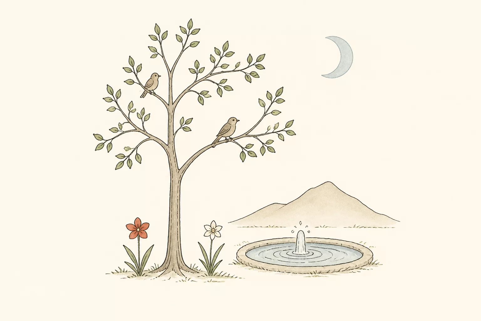 A moonlit tree holds two birds above red and white flowers beside a spring at the foot of a low mountain.